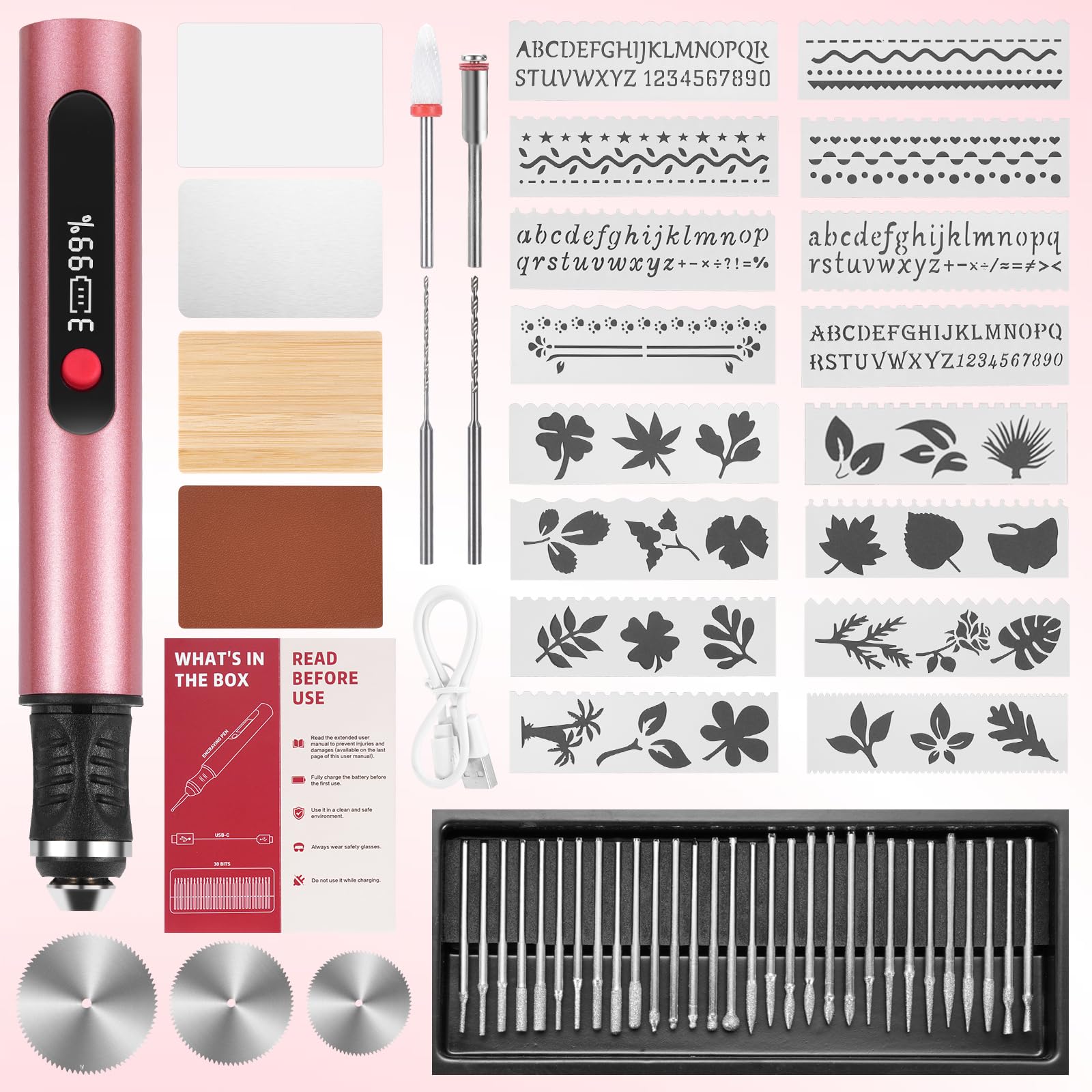 Customizer Kit de stylo de gravure sans fil rechargeable avec 3 vitesses, outil de gravure pour métal, bois, verre, cuir, stylo de gravure portable, rose