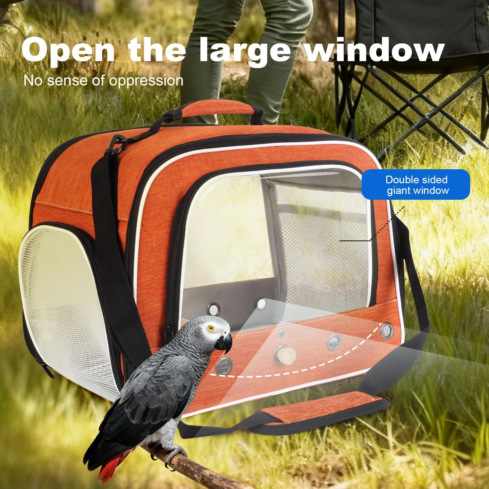 Sac de transport pour oiseaux de grande taille avec plateau en métal et grille pour oiseaux de taille moyenne et grande comme le gris africain, calopsitte à longue queue et perroquet (orange, L)