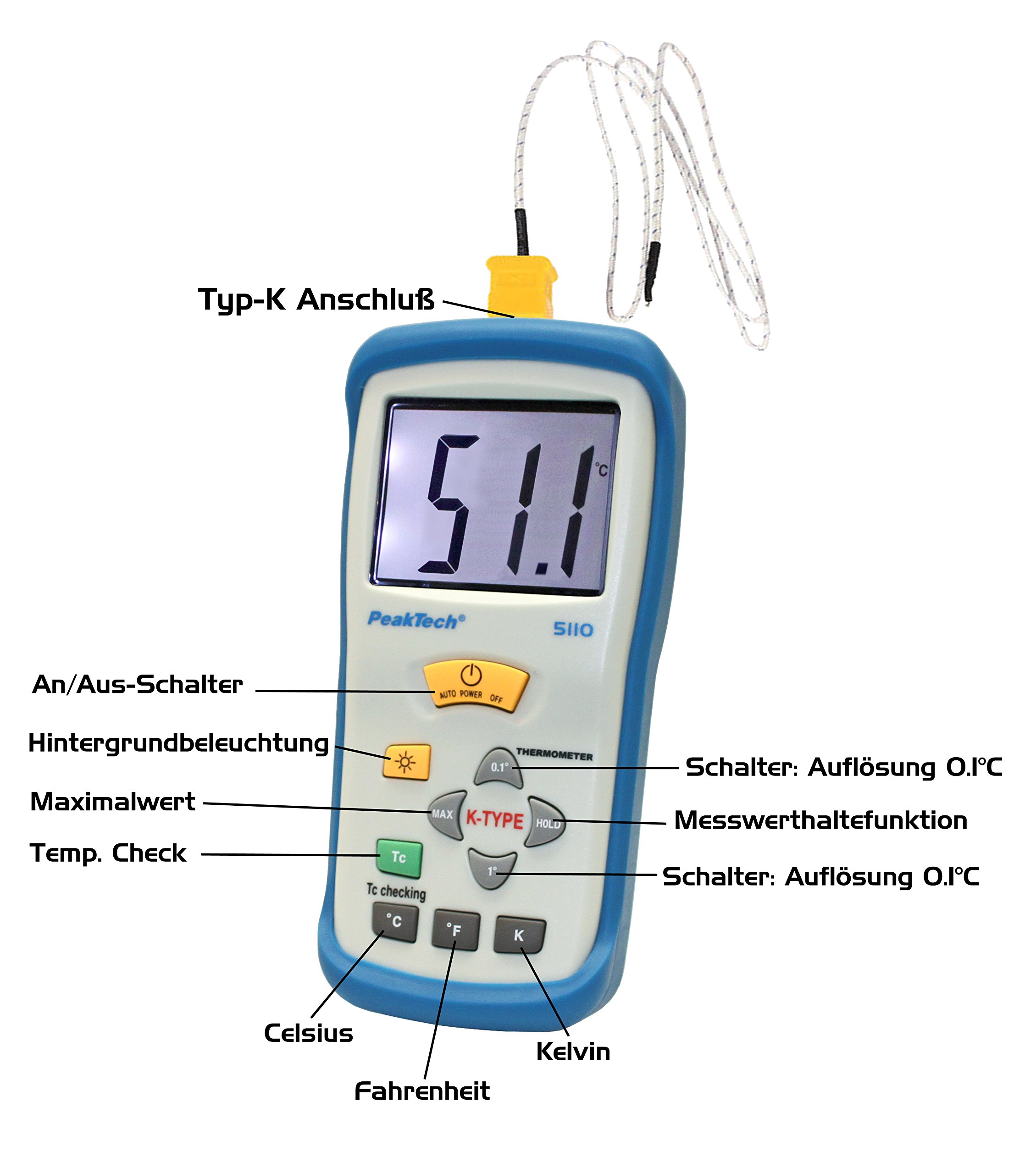 PeakTech Termometro digitale 1 canali -50°C +1300°C tipo K Sonda P 5110