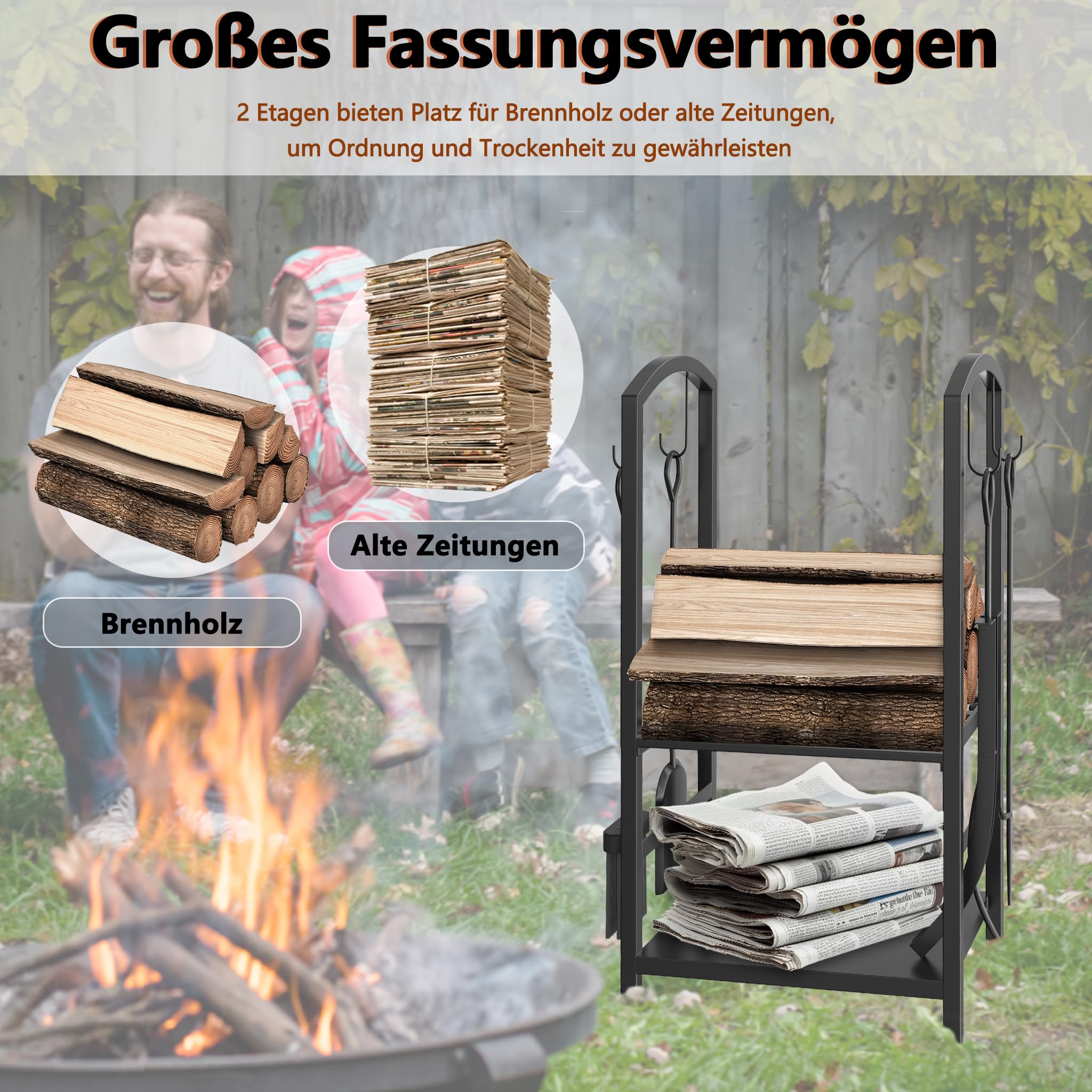 SMH LINE® Brandhoutrek - Houtopslag - 80x150x25cm ( BxHxD) - Zwart - Metaal - Haardhout opslag – Haardhoutrek - Binnen en buiten - Hanna Trading