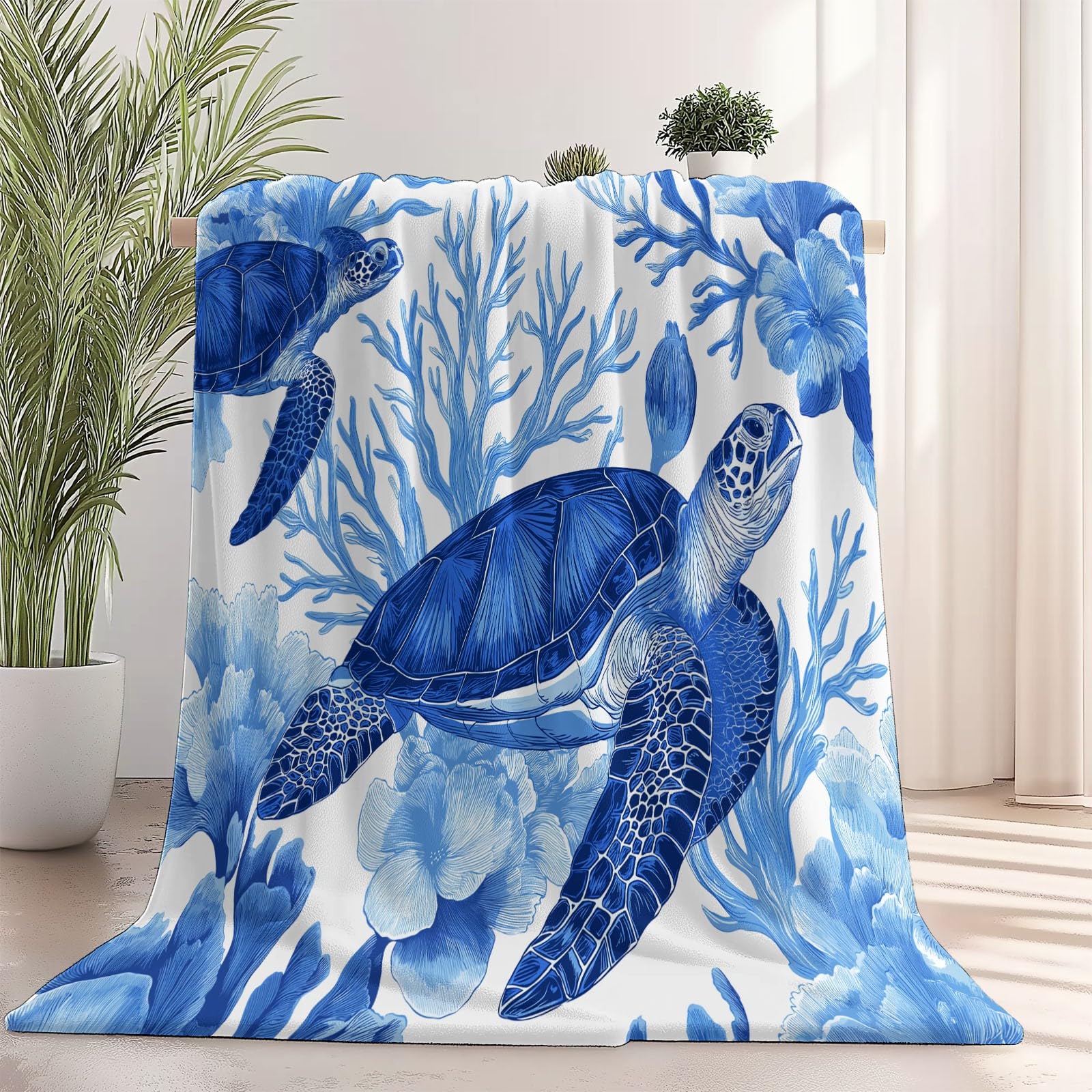 Decke Flanell 150 x 200 cm Geschenke für Frauen und Männer - Handgezeichnete Korallentiere Witzige Geschenke für Freunde zu Weihnachten und Geburtstag, Blau Weiß