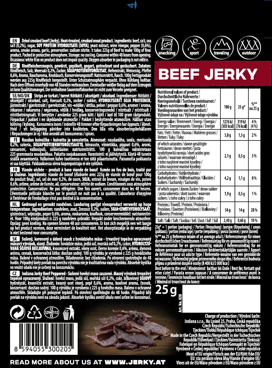 Indiana Jerky Beef Peppered, carne secca ad alto contenuto proteico, senza zuccheri aggiunti, senza glutine (15 pcs x 25g)