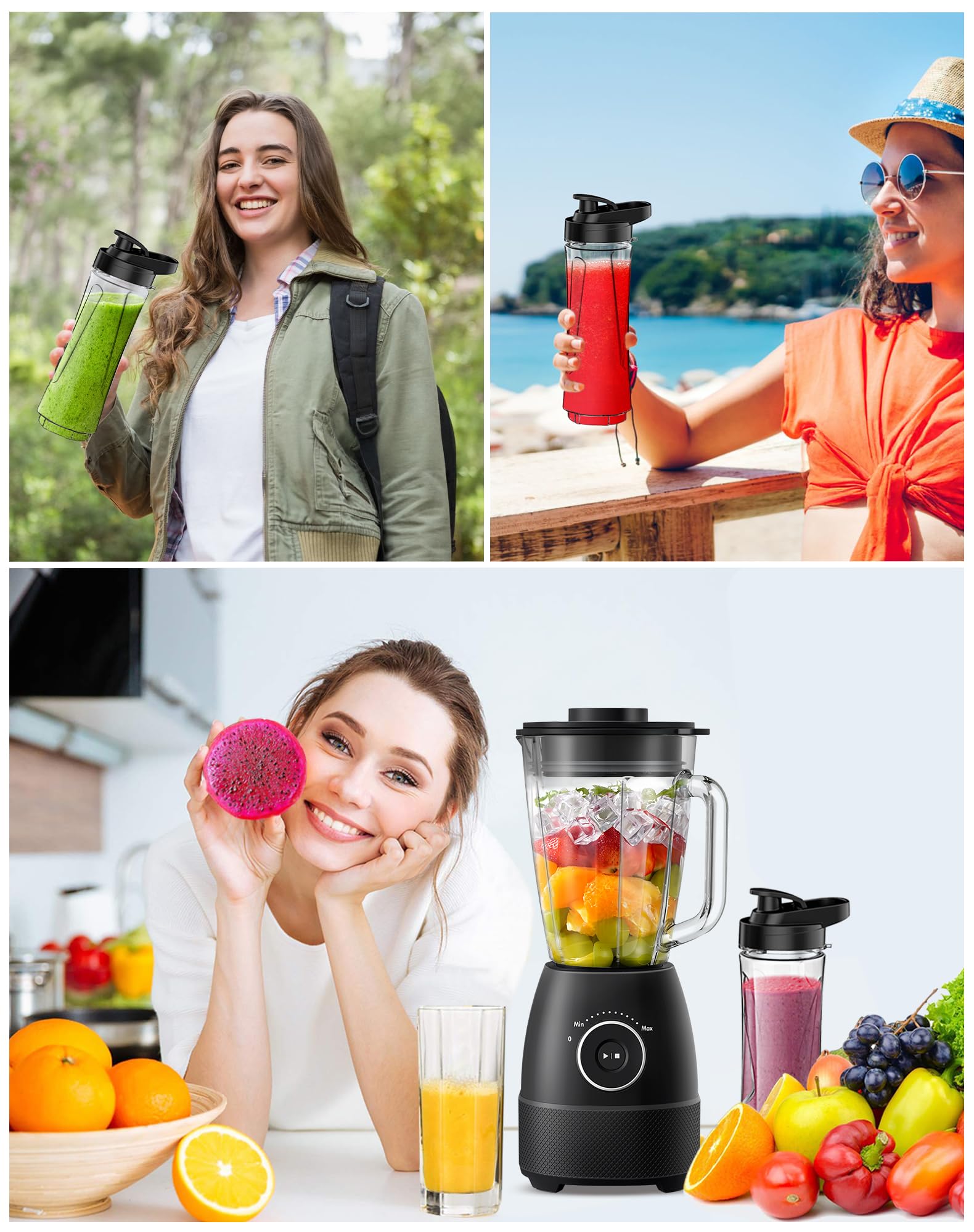 Blender Mixeur, 1500W Blender Smoothie 24000 tours/min, 12 Vitesse ajustable, 6 Lames en acier Inox avec Bol en verre 1,5L /bouteille de sport de 600 ml sans BPA Utilisation & Nettoyage facile