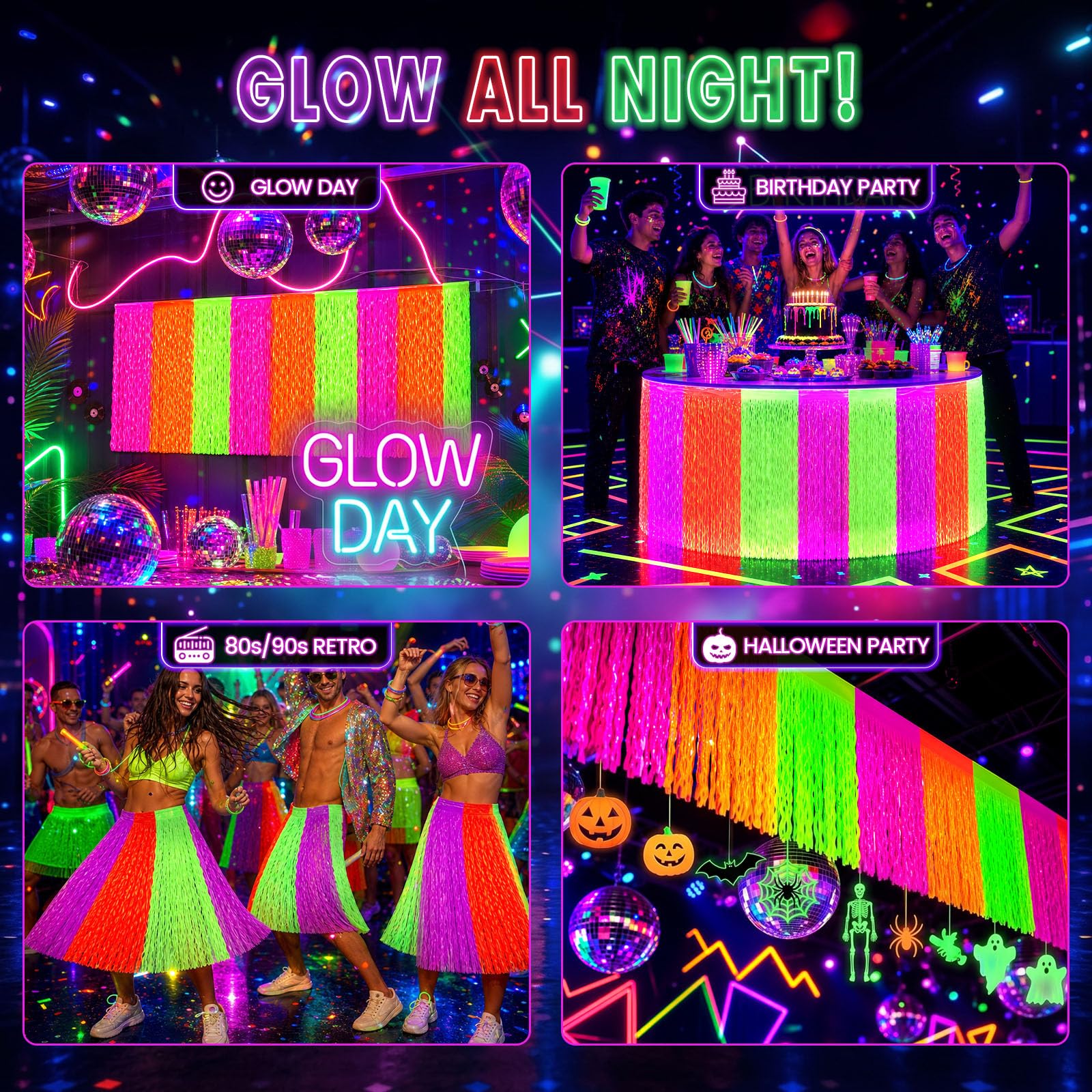 LovesTown 2 Pack Neon-Themed Table Skirts with 2 Fluorescent Tapes