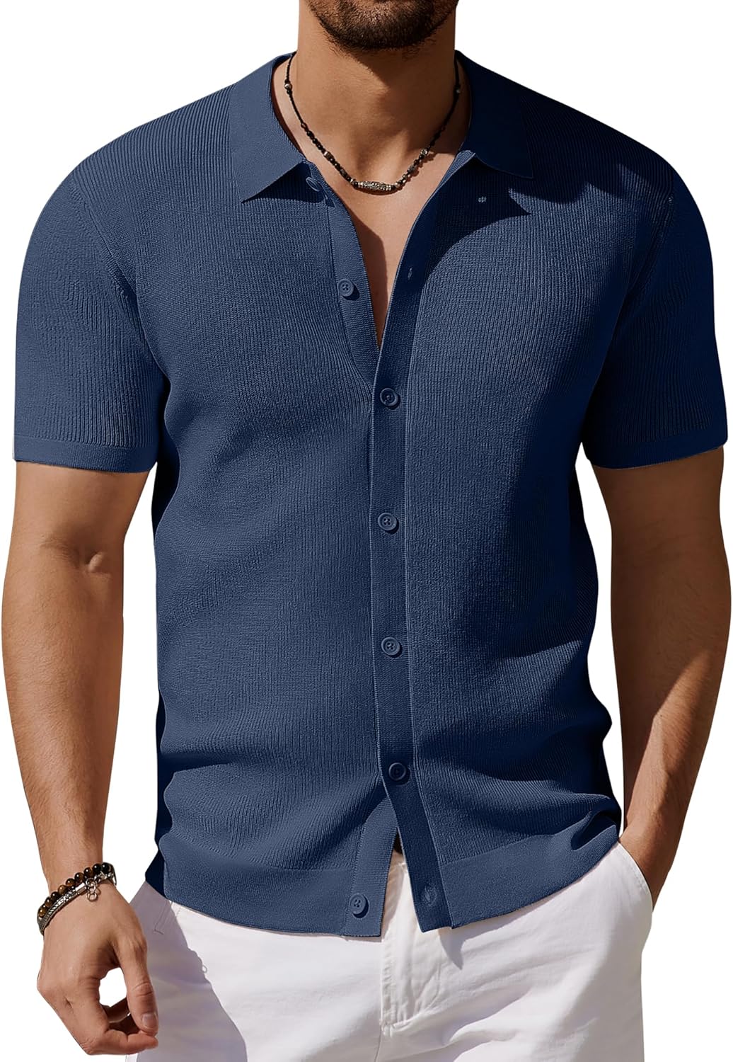 COOFANDY Men's Vintage Knit Shirt Short Sleeve Button Down Polo Shirts for Summer Casual & Vacation