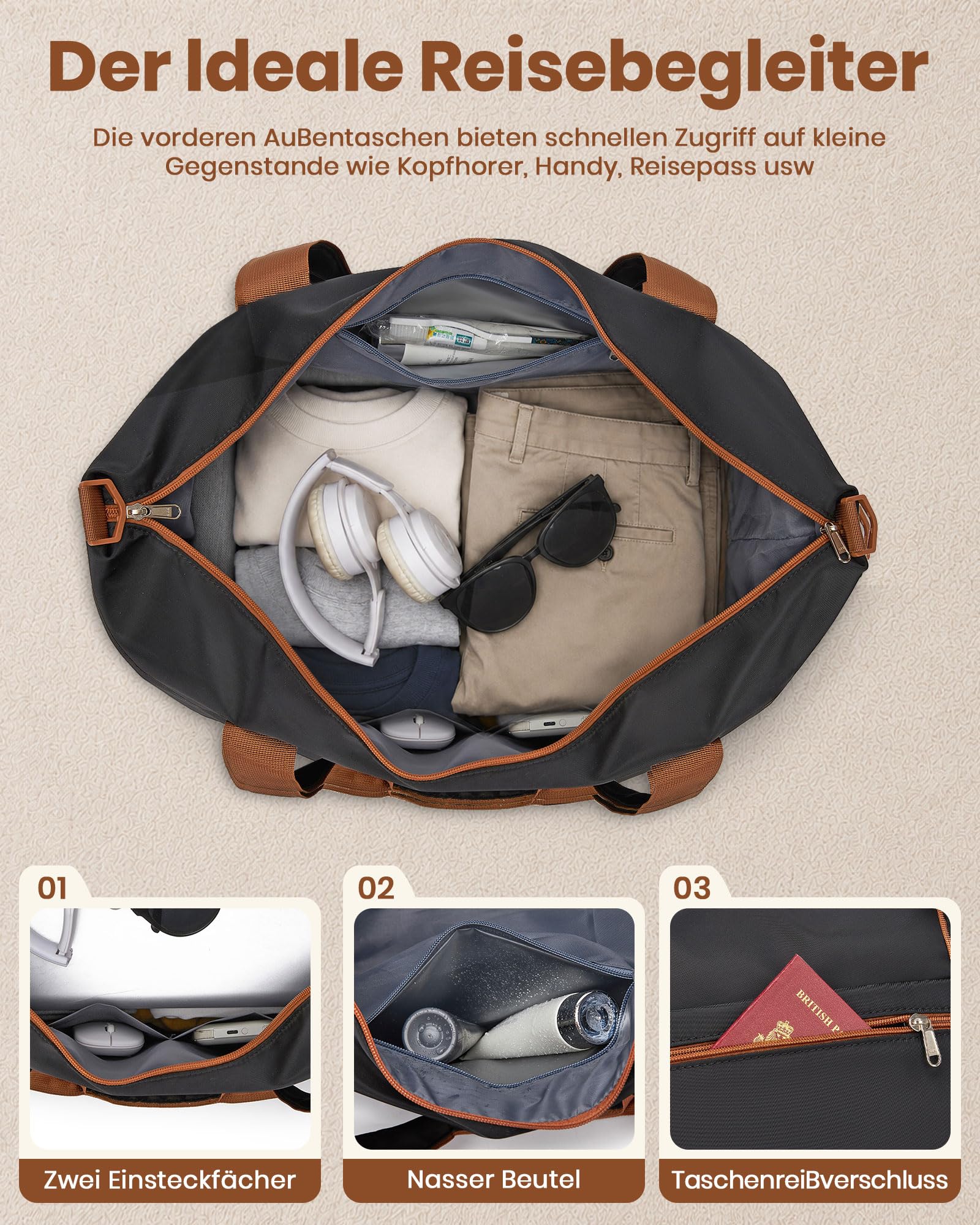KONO Reisekoffer Set 3-teilig, Erweiterbar Hartschalenkoffer Mittelgroß mit 4 Rollen und TSA Schloss, leichte ABS+PC Trolley inkl Reisetasche und Kulturbeutel, ideal für Geschäftsreise, Schwarz/Braun