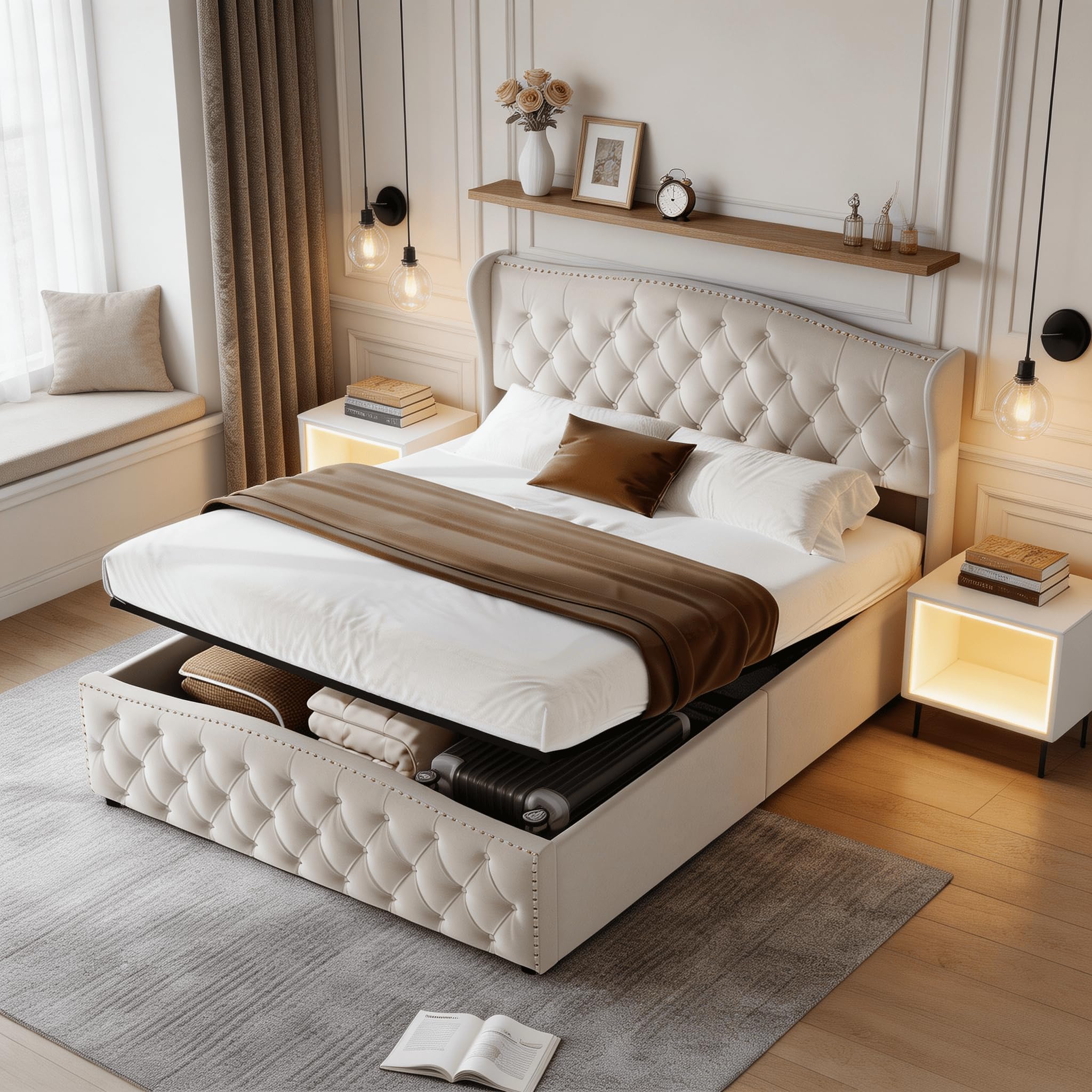 Lit Coffre 160x200 cm avec Sommier, Lit Double Rembourré en Velours avec Grand Rangement, Tête de Lit Élégante, Cadre de Lit Stable pour Adultes et Adolescents (Beige)