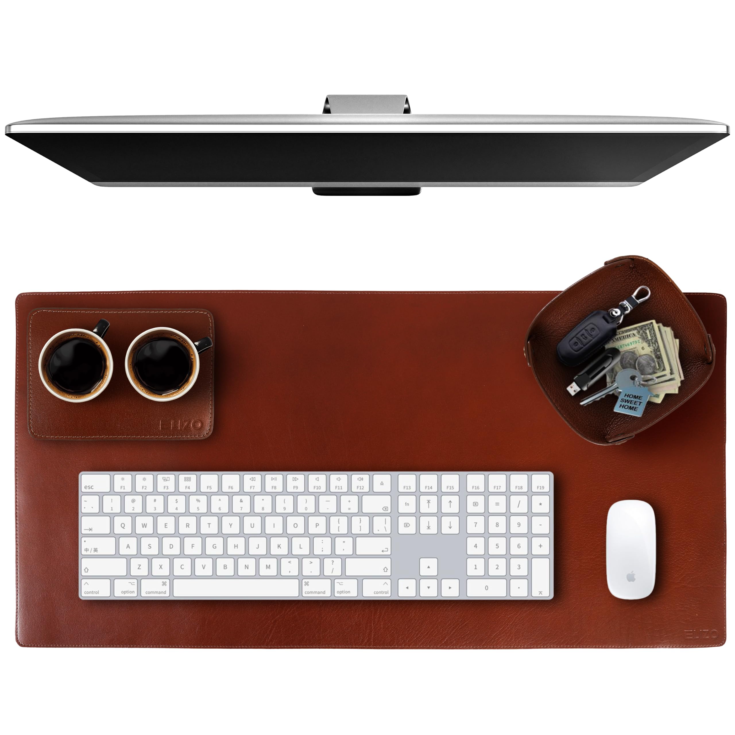 Photo 1 of ELIZO Leather Desk Pad Real Leather Desk Mat Thick (3mm) Double Layer (32x16) Cover Blotter Desk Protector Large Computer Mat for Keyboard Mouse Pad Table Laptop Mat Office Accessories - Camel