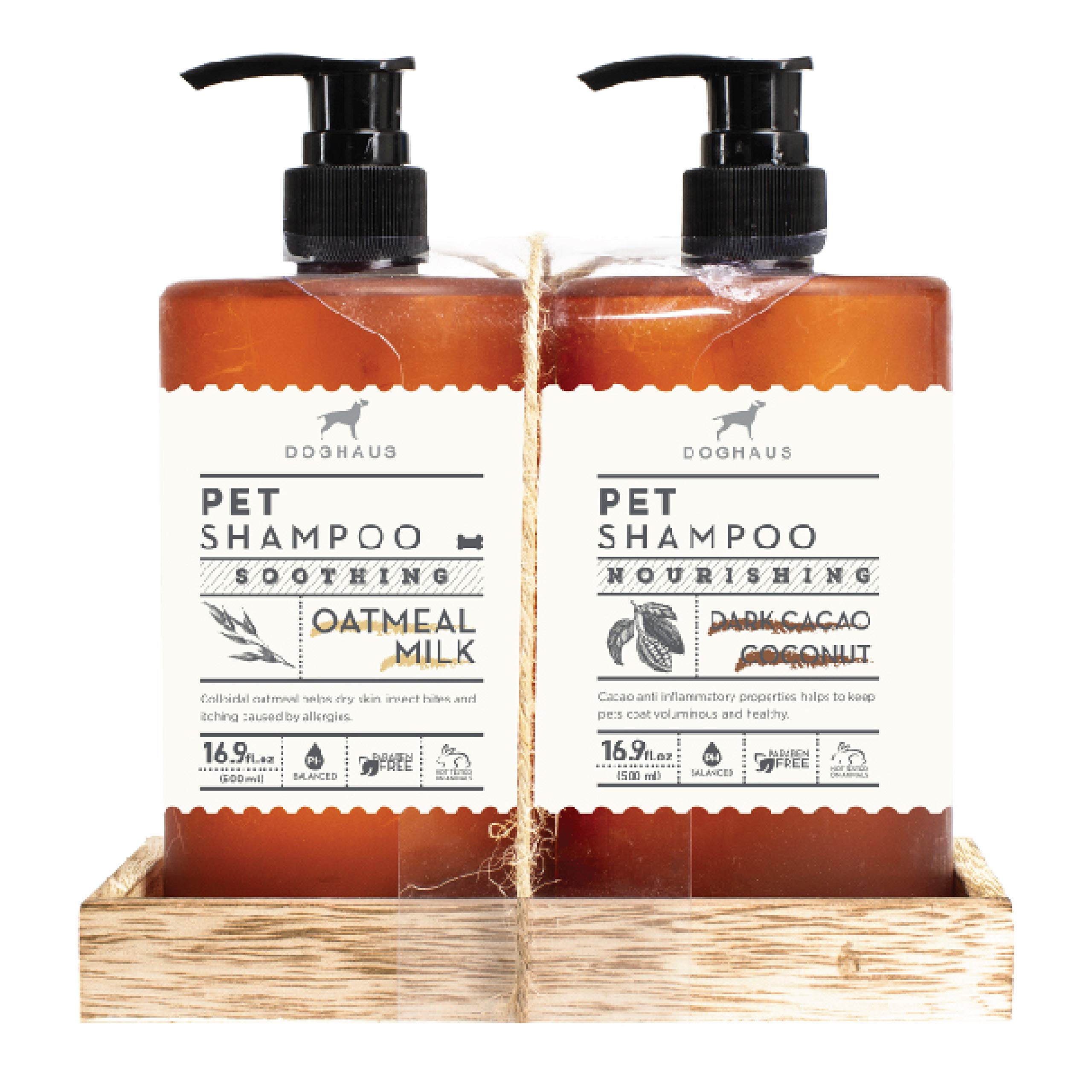 Doghaus Two-Pack Dog Shampoo | Multi -Scent Dog Shampoo Bottles with Pump on Wooden Storage Tray | Dog Bathing Supplies l Oatmeal and Dark Cacao Coconut Pet Shampoo, 16.9 Fl oz Each