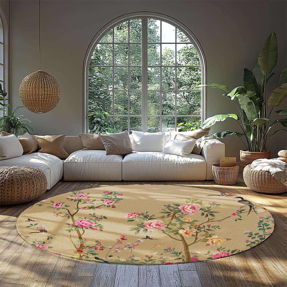 Tapis rond 240cm lavable fin motif pivoines et oiseaux colorés pour entrée et salon