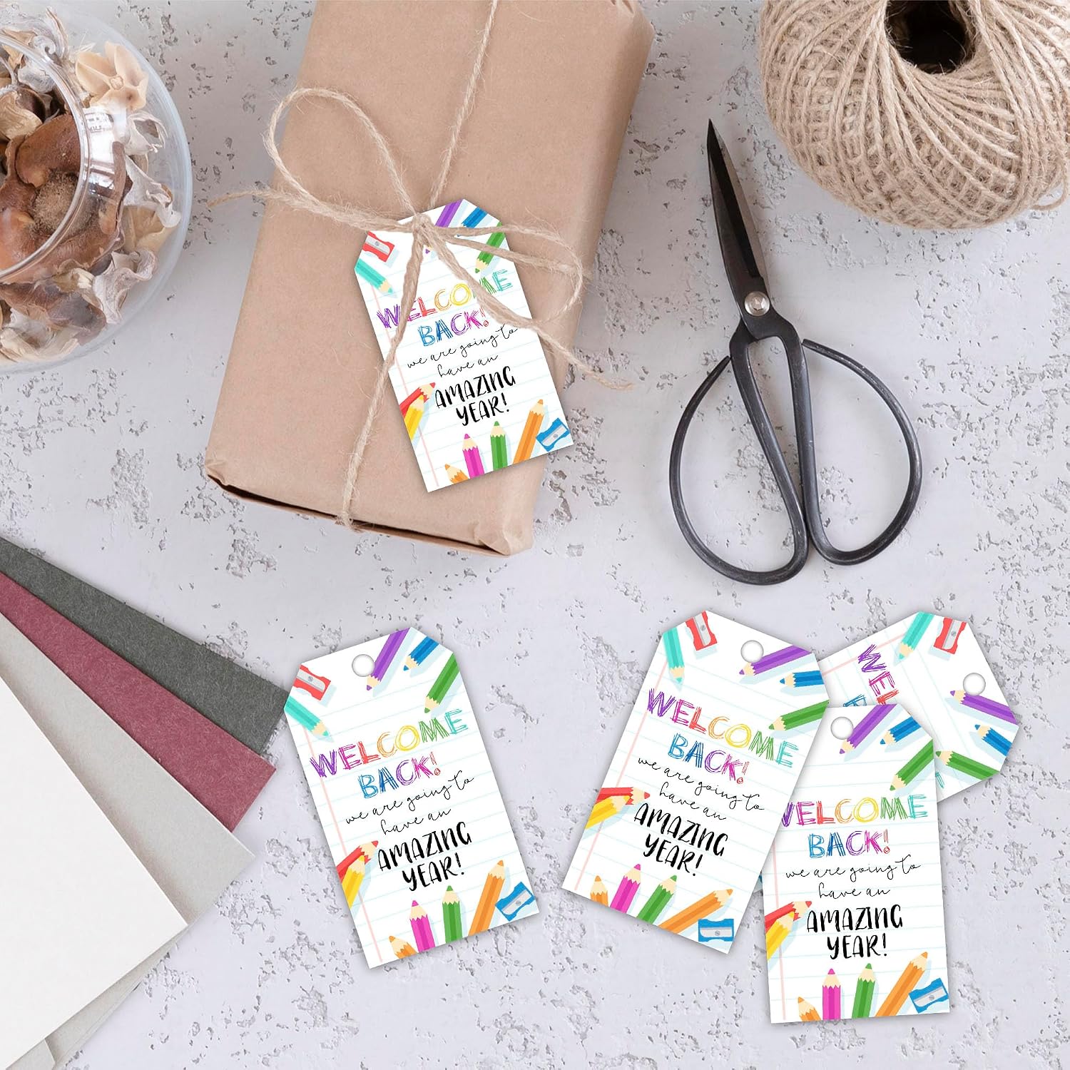 Back to School Gift Tags, 50 Pcs First Day of Schools Tags with String, 2x3 Inch Gift Labels for Students Teachers Present, Kindergarten Preschool Elementary, Party Decoration-A15 image 3