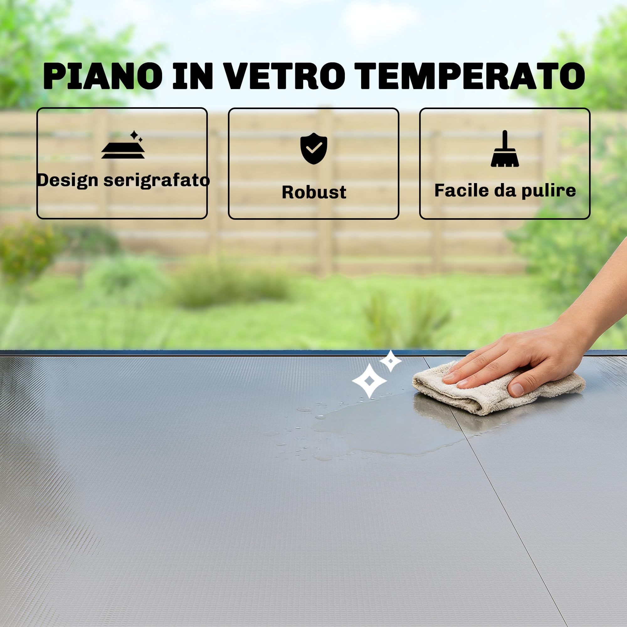Outsunny Tavolo da Giardino Allungabile per 8-10 Persone 140/240x90 cm, Tavolo da Pranzo Estensibile Rettangolare con Piano in Vetro Temperato, Tavolo da Esterno per Patio Terrazzo Balcone, Nero