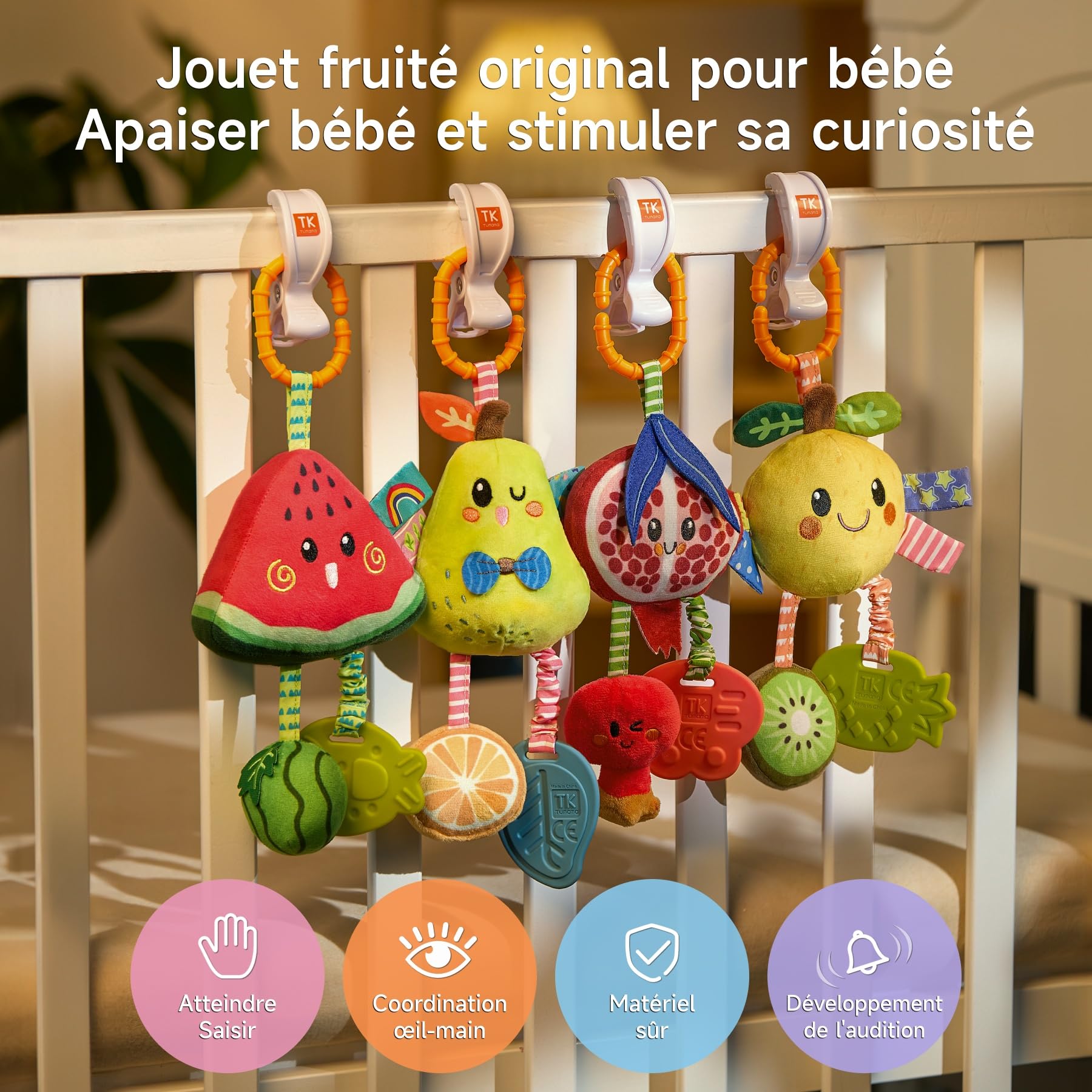 TUMAMA Hochet à suspendre pour landau de bébé de 0 à 3 à 6 à 9 mois, jouets d'apprentissage sensoriel pour nouveau-né avec son couineur et anneau de dentition, hochets en peluche citron pour siège