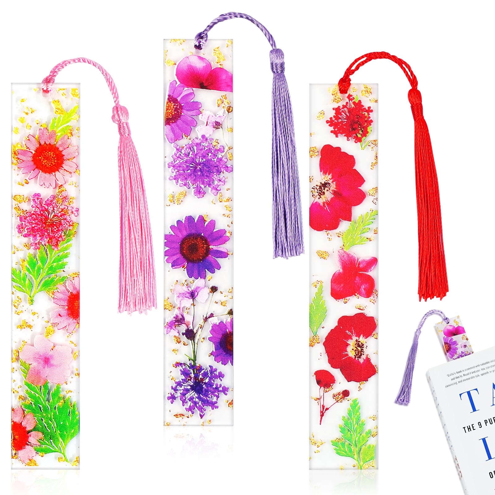 AUAUY Pressed Flowers Resin Bookmarks, 3 PCS Printed Flowers Bookmarks with Tassels, Clear Resin Page Markers, Exquisite Reading Accessories, Book Lover Gifts for Women, Teachers, Students
