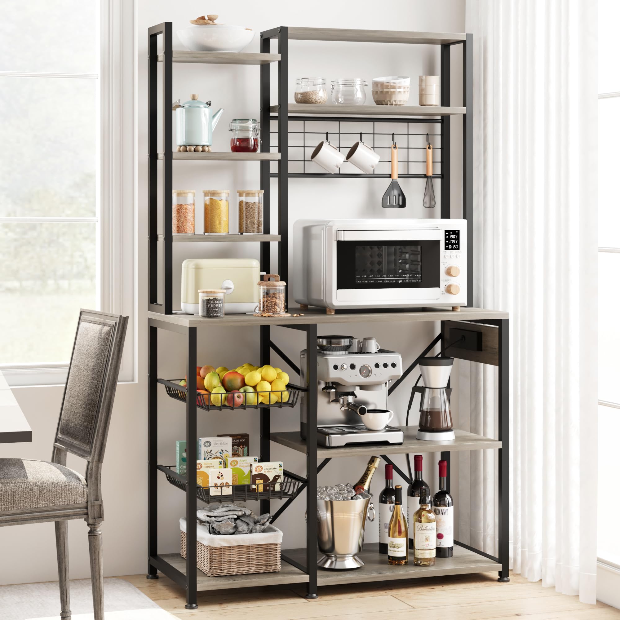 Garveehome Gray Bakers Rack With Power Outlets, 7-Tier Industrial Microwave Stand With Wire Basket & Hanging Rack, Large Metal Coffee Bar Station, Bakers Rack With Storage Self For Spices, Kitchen
