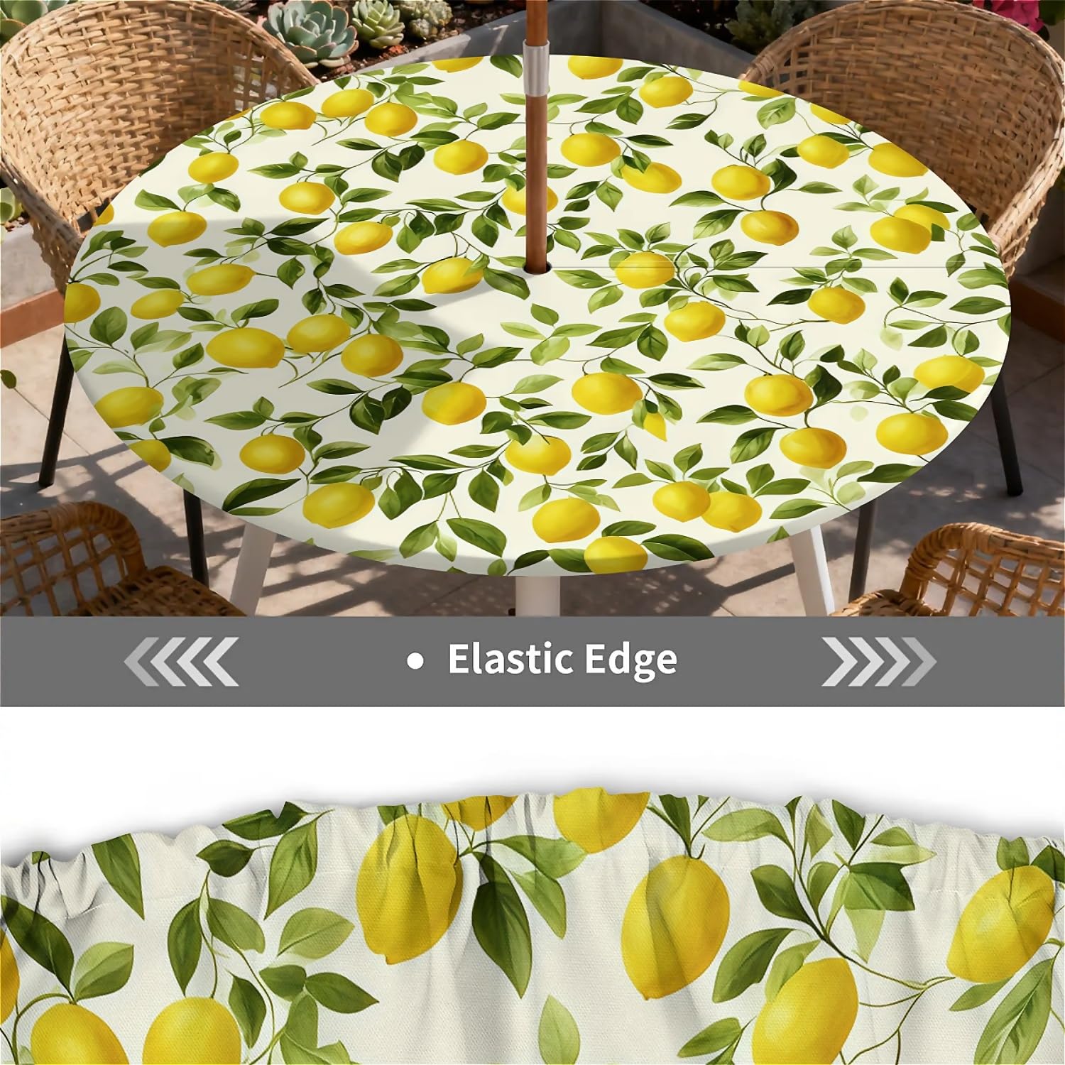 Nappe Ronde Exterieur avec Trou de Parapluie,Citron modèle Nappe de Jardin Lavable et Facile à Nettoyer, avec Ourlet élastiqué, idéale pour terrasse, Balcon et Jardin. Ø 90 cm.