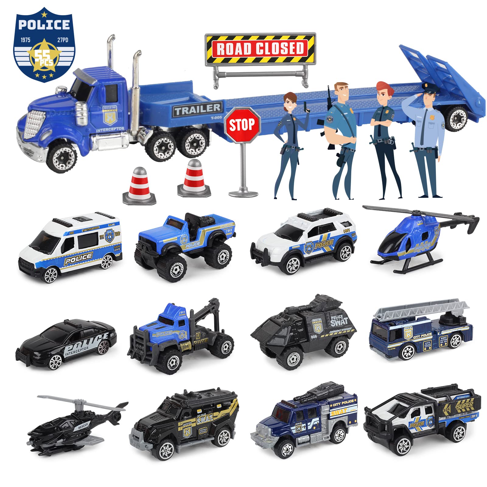 Oriate Diecast Police Rescue City S.W.A.T. Car Toys Set w/Heavy Duty Trailer Patrol, 13PCS Alloy Mini Police Vehicles Transport Trailer, Road Signs and Birthday Cake Topper Stickers for Kids