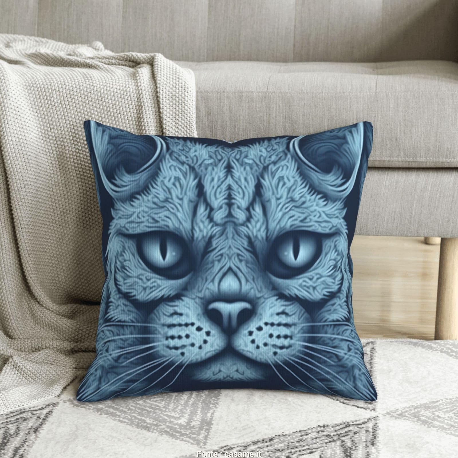 Housse coussin velours côtelé chat bleu doux lavable 45x45