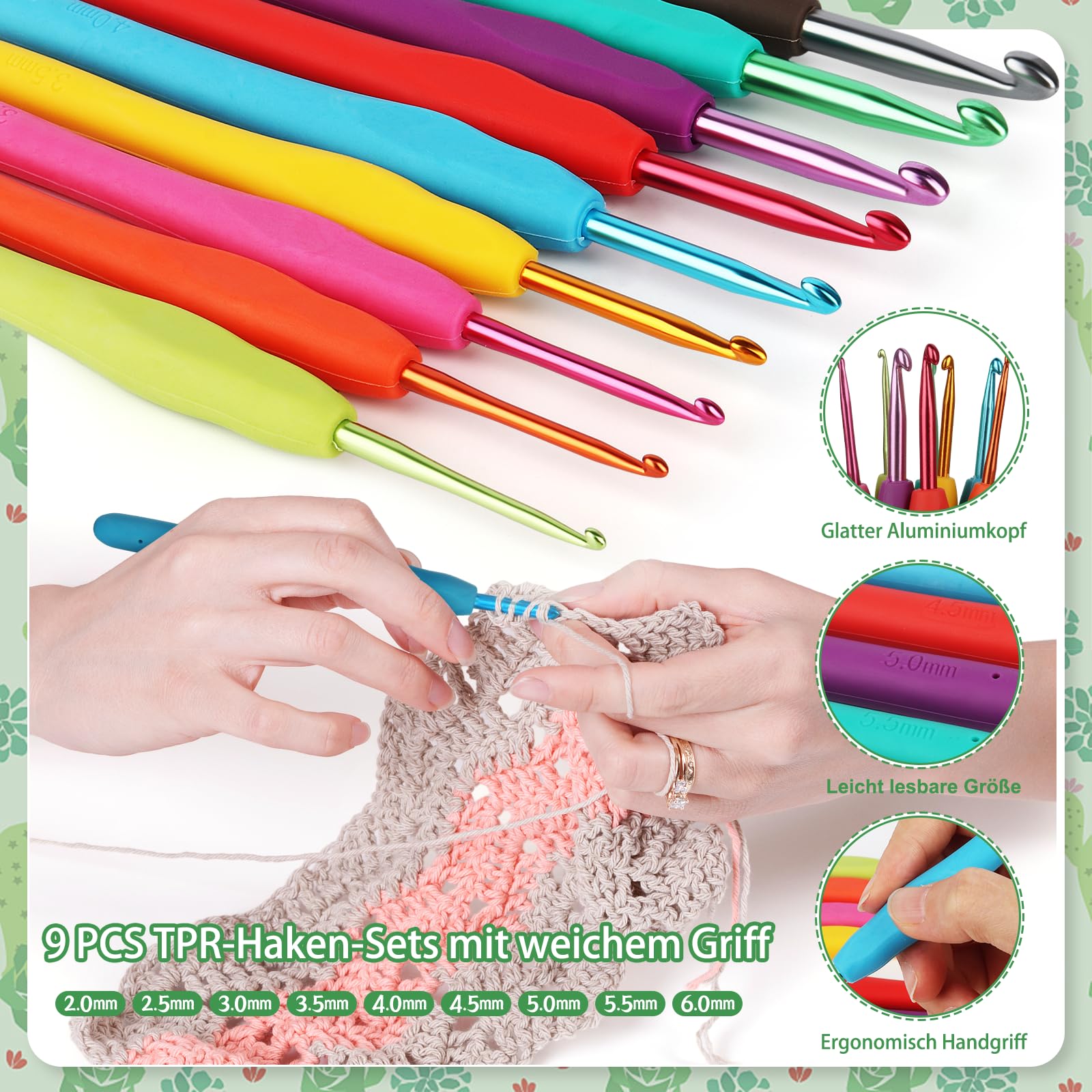 Aeeque 3,0 mm, 3,5 mm, set di 2 uncinetti, in alluminio con manico in gomma, leggero TPR per artrite, uncinetto colorato in metallo per uncinetto, sciarpa, maglioni, cappelli, cuscini