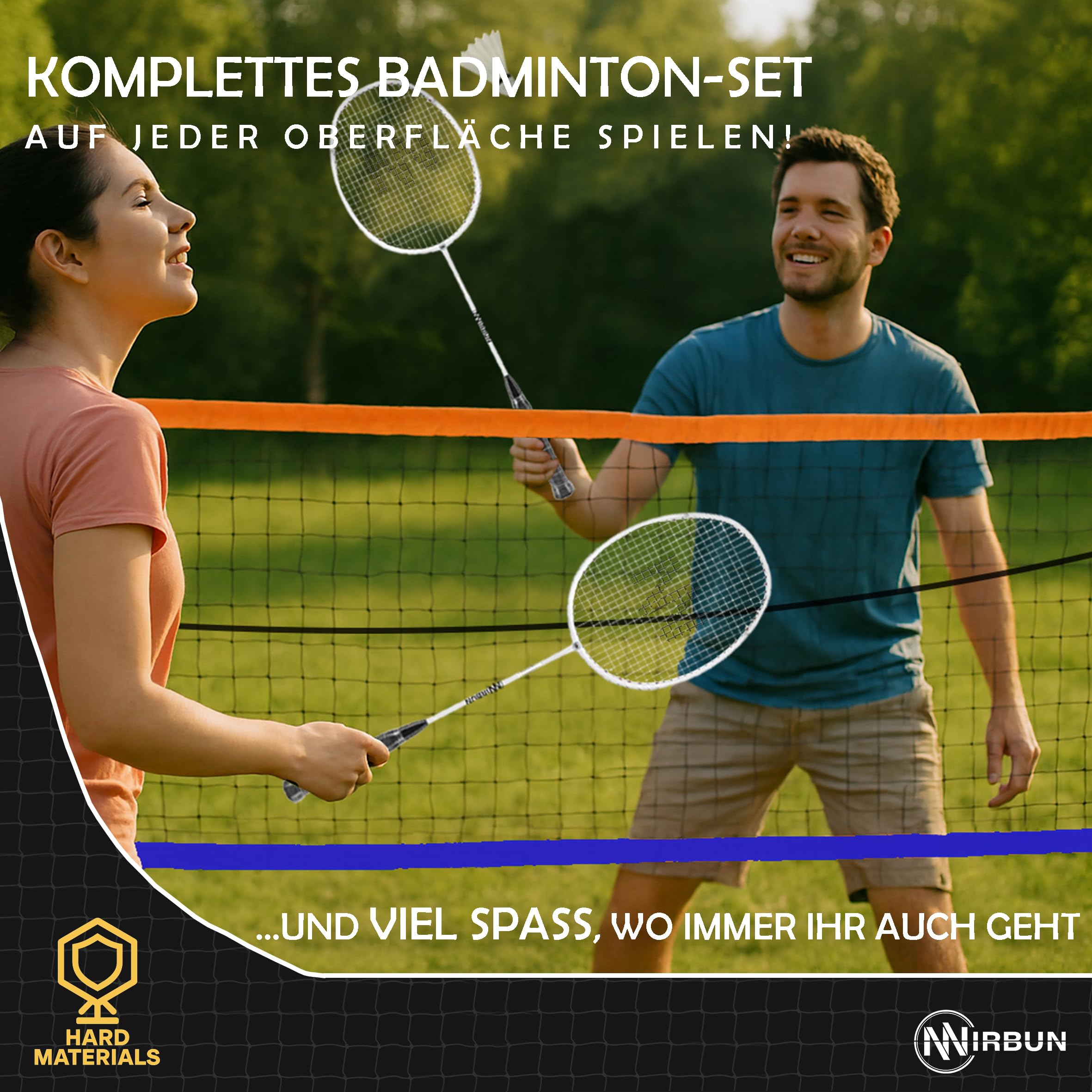 Badminton-Set für 4 Spieler mit Netz | Professionelle Schläger + 3 Federbälle + Tragetasche | Robuster Metallrahmen | 5,1 m Netz | Familienspiel für drinnen und draußen