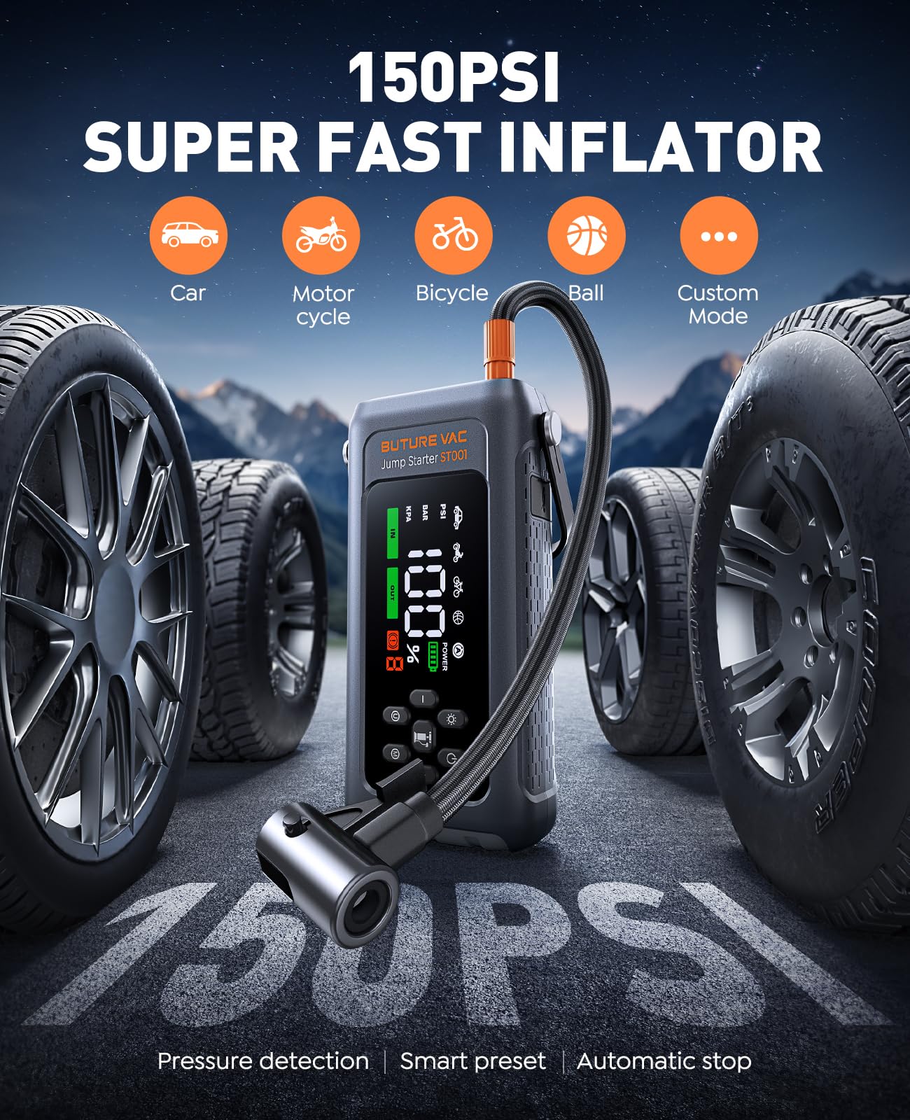 Arrancador de Baterias de Coche con Compresor de Aire, 12V 5000A Arrancador Coche Portatil con Inflador de 150 PSI, Linterna LED de Emergencia, Banco de energía de Arranque