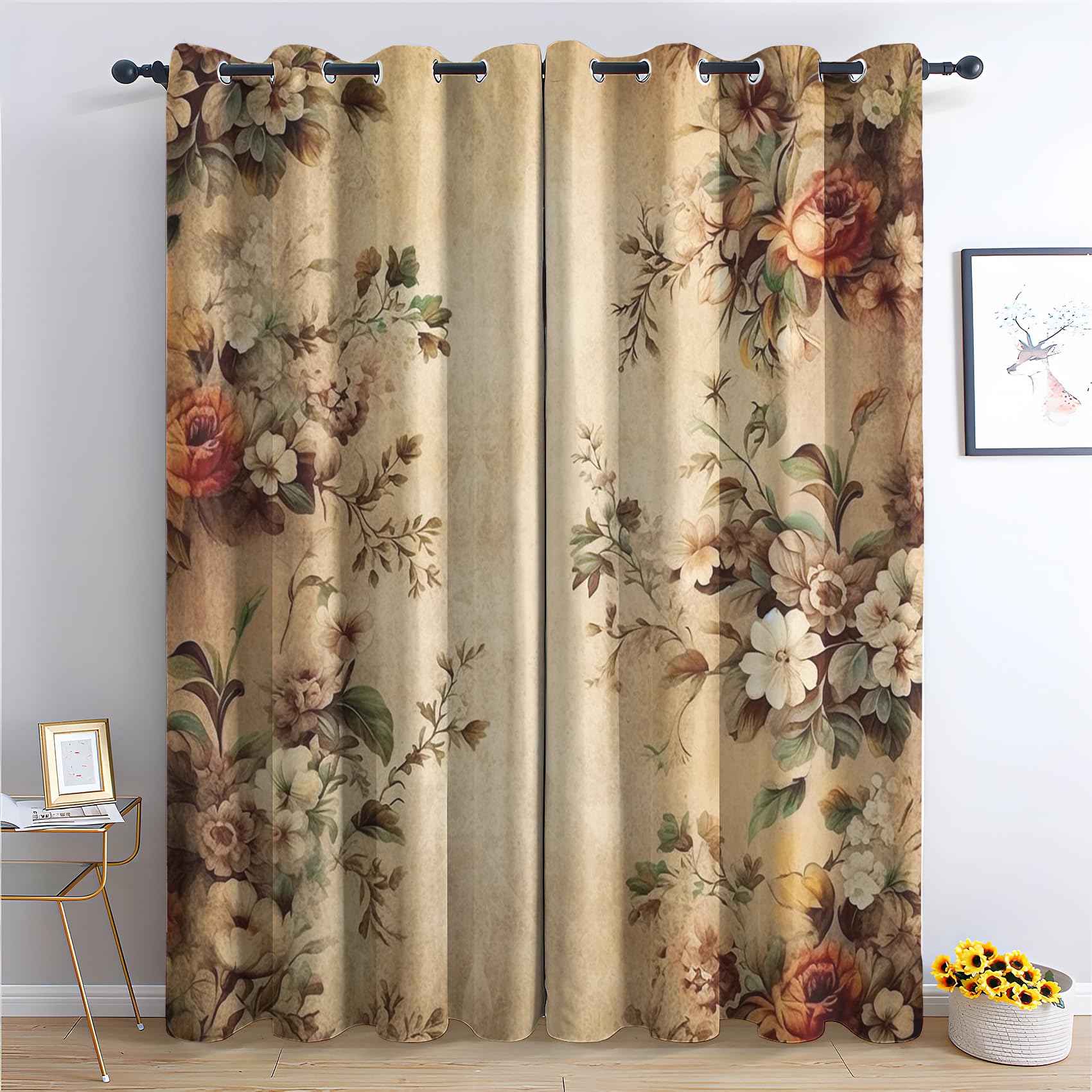 QEODAH Vintage Floral Blackout Curtains for Bedroom - Rustic Flower Botanical Country Living Room Curtains 66x72 Eyelet - Soft Thermal Insulated Patterned Drapes for Windows - 2 Panels