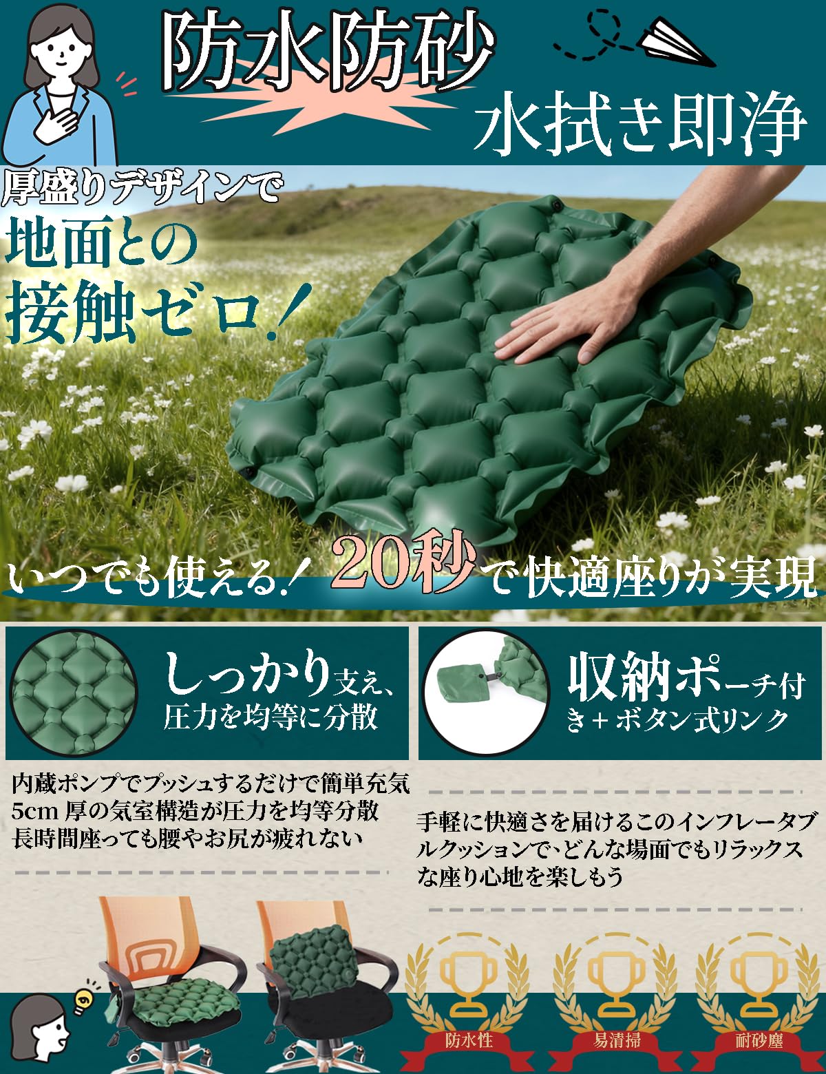 Amazon.co.jp: ポータブルクッション 【押すだけで膨らむエア