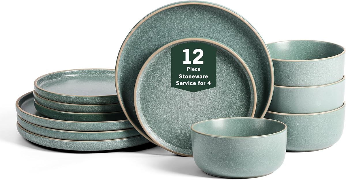 Earth & Clay Amber 12-Piece Dinnerware Set Stoneware, Dishwasher and Microwave Safe Plates and Bowls Set, Dish Set for 4, Green