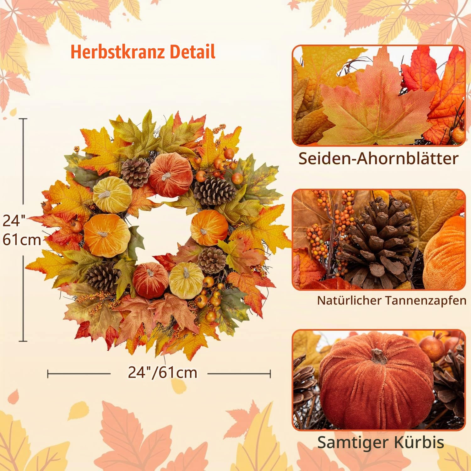 Kunstkranz Künstlich Türkranz, Ø 24"/60CM Herbst Kranz Deko Wandkranz Groß Außen Dekokranz für Haustür, Hochzeit, Garten, Fenster, Outdoor
