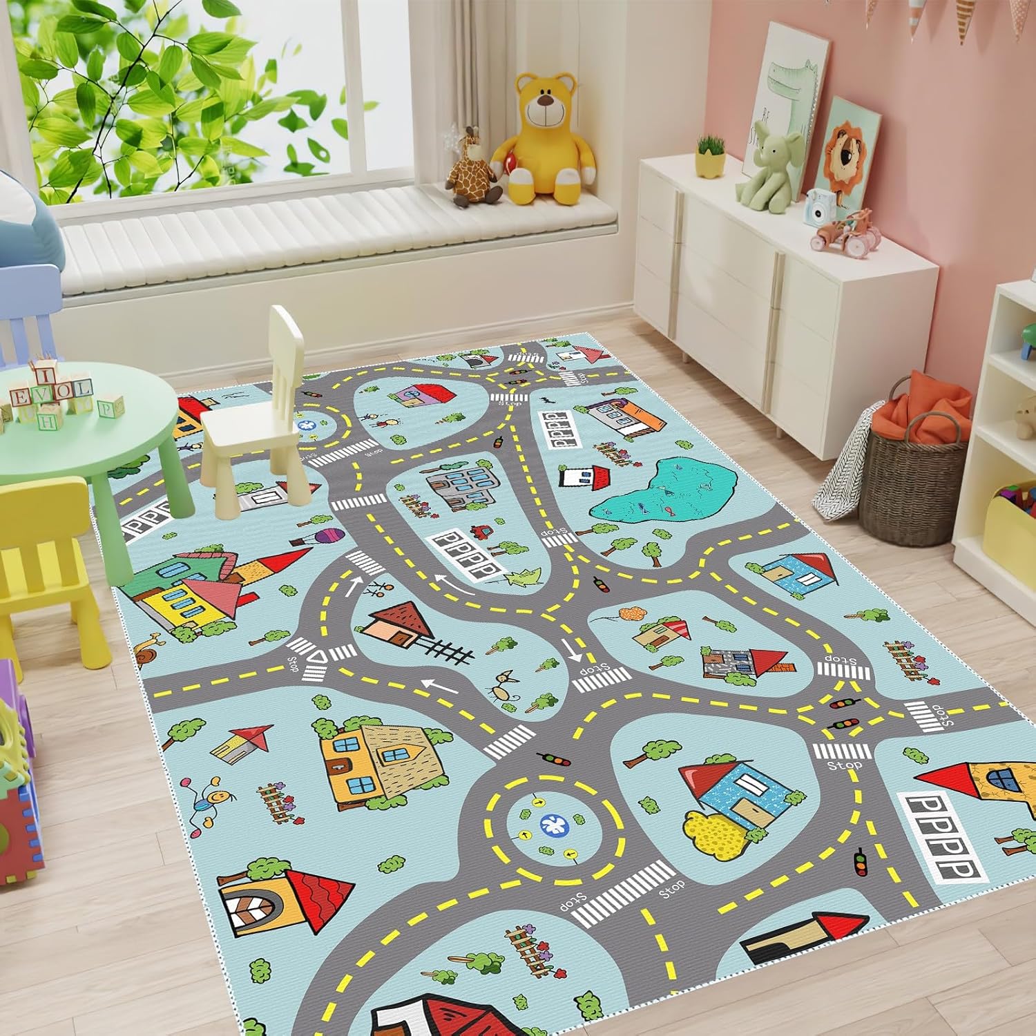 Kids Car Rug Play Mat – Road & Race Track Design for Toy Cars, Train Tables, Playroom, Machine Washable Mat, Multiple Sizes, Ideal for Boys & Girls