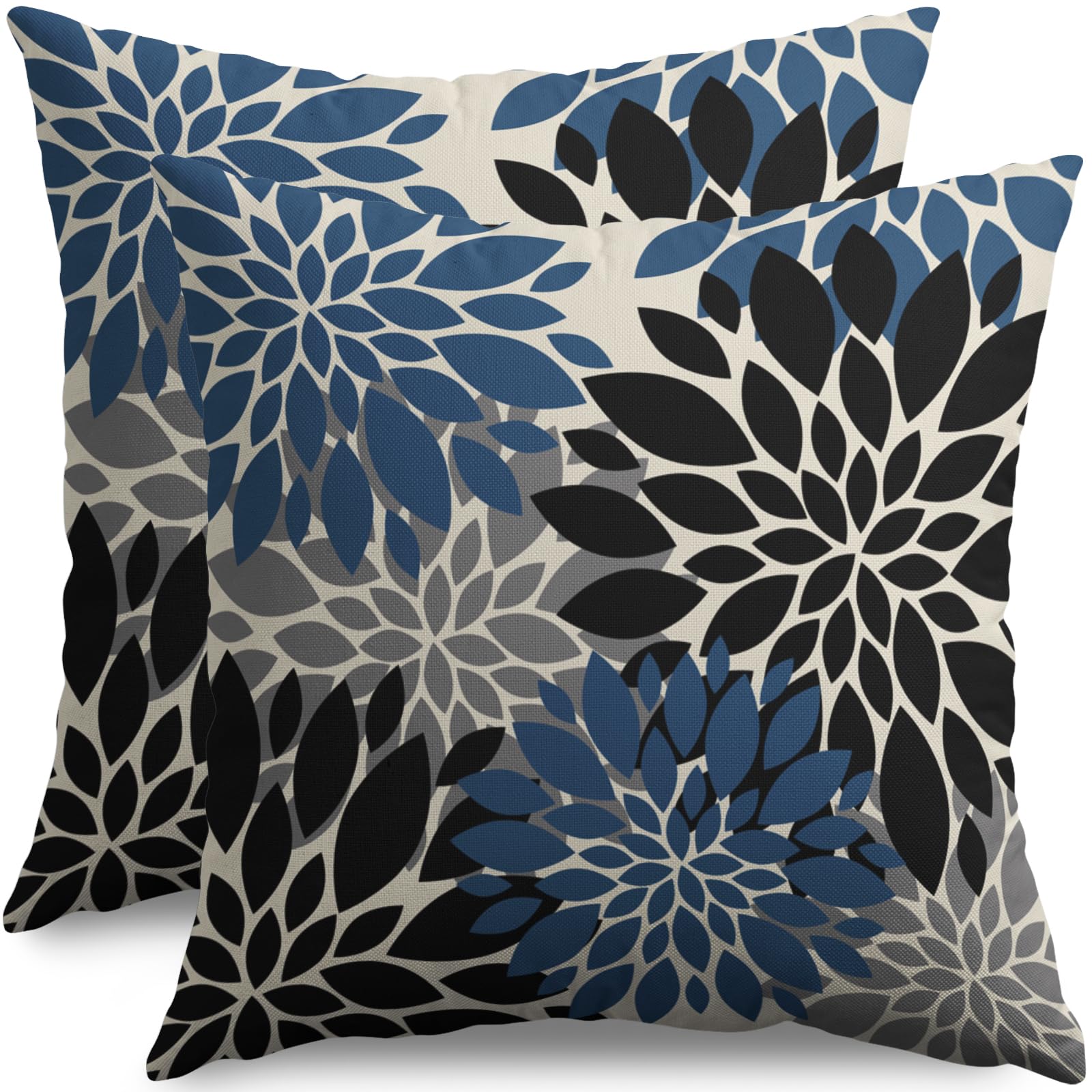 Smozenith Black Blue Pillow Covers 18X18 Inch Set of 2, Spring Summer Floral Dahlia Flower Cream Decorative Throw Pillow Covers Outdoor Modern