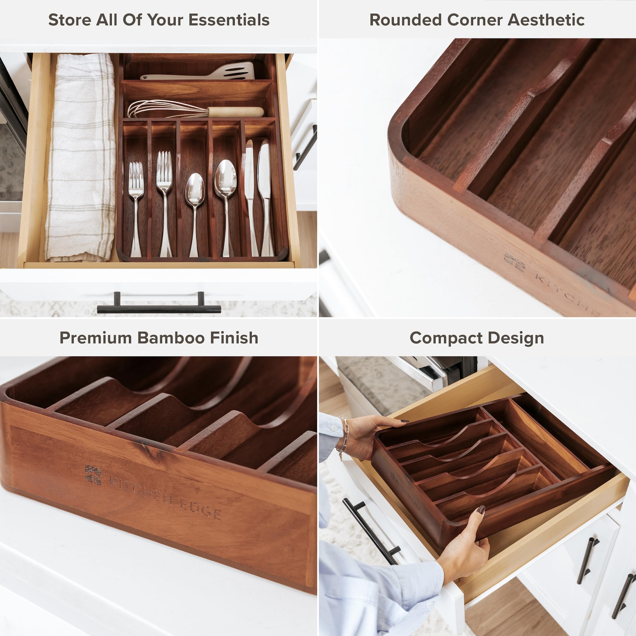 Organizador de cubiertos, cubiertos y utensilios para cajones de cocina, fijo de 10.5 pulgadas de ancho, 7 compartimentos de almacenamiento, pies antideslizantes, esquinas redondeadas, 4