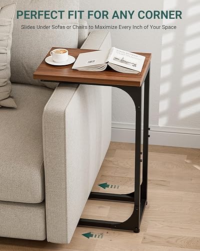Miniatura 5 de Mesa auxiliar en forma de C para sofá, soporte de café pequeño, bandeja de sofá con marco de metal y resistente al agua, resistente a los arañazos,