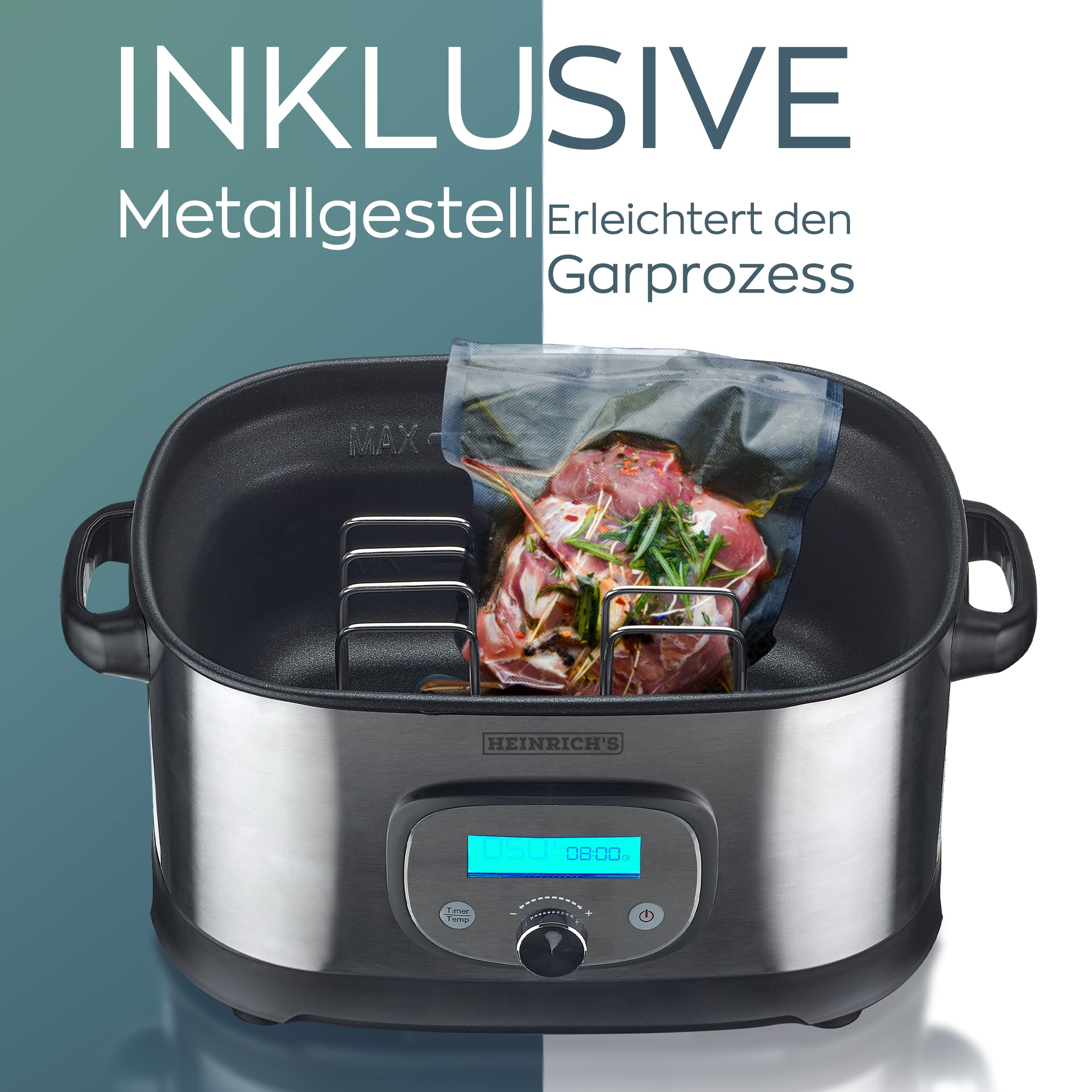 HEINRICHS Sous-Vide Garer für schonendes, gesundes und exaktes Garen der Speisen durch elektronische Temperaturregelung 45°C –90°C in 1°C-Schritten LCD-DISPLAY, Heinrich´s Edelstahl-gebürstet/schwarz