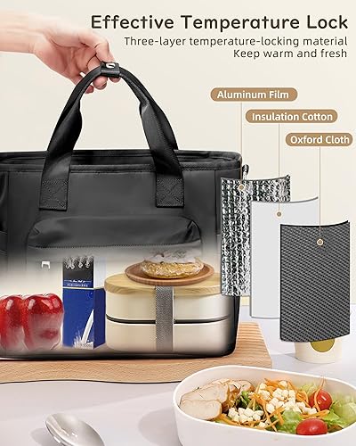 Miniatura 4 de Lonchera negra para mujeres y hombres, bolsa de almuerzo aislada, bolsa de almuerzo grande para el trabajo, bolsas de almuerzo reutilizables, lindas