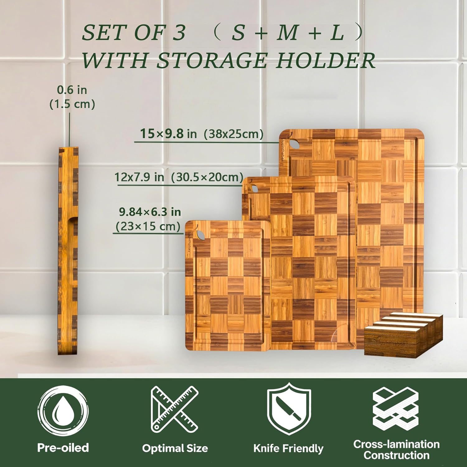 Bamboo Cutting Board Set of 3 for kitchen Checkered End Grain Wood Chopping Boards with Storage Stand & Deeper Juice Grooves | Wooden Butcher Block for Meat, Cheese, Charcuterie & Kitchen Prep