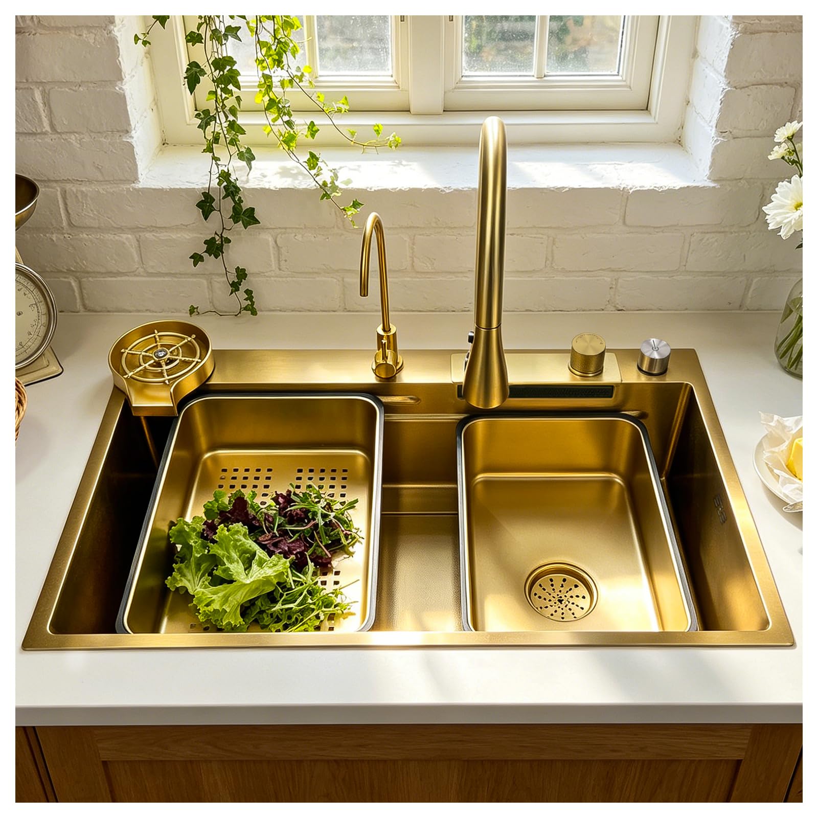 ZQFHSX Stainless Steel Waterfall Kitchen Sink Combo with Pull-Out Faucet Nano-Coated Topmount Single Bowl Workstation Accessories, Pressure Pot Washer, Cutting Board, Draining Basket(Gold,75x45cm)