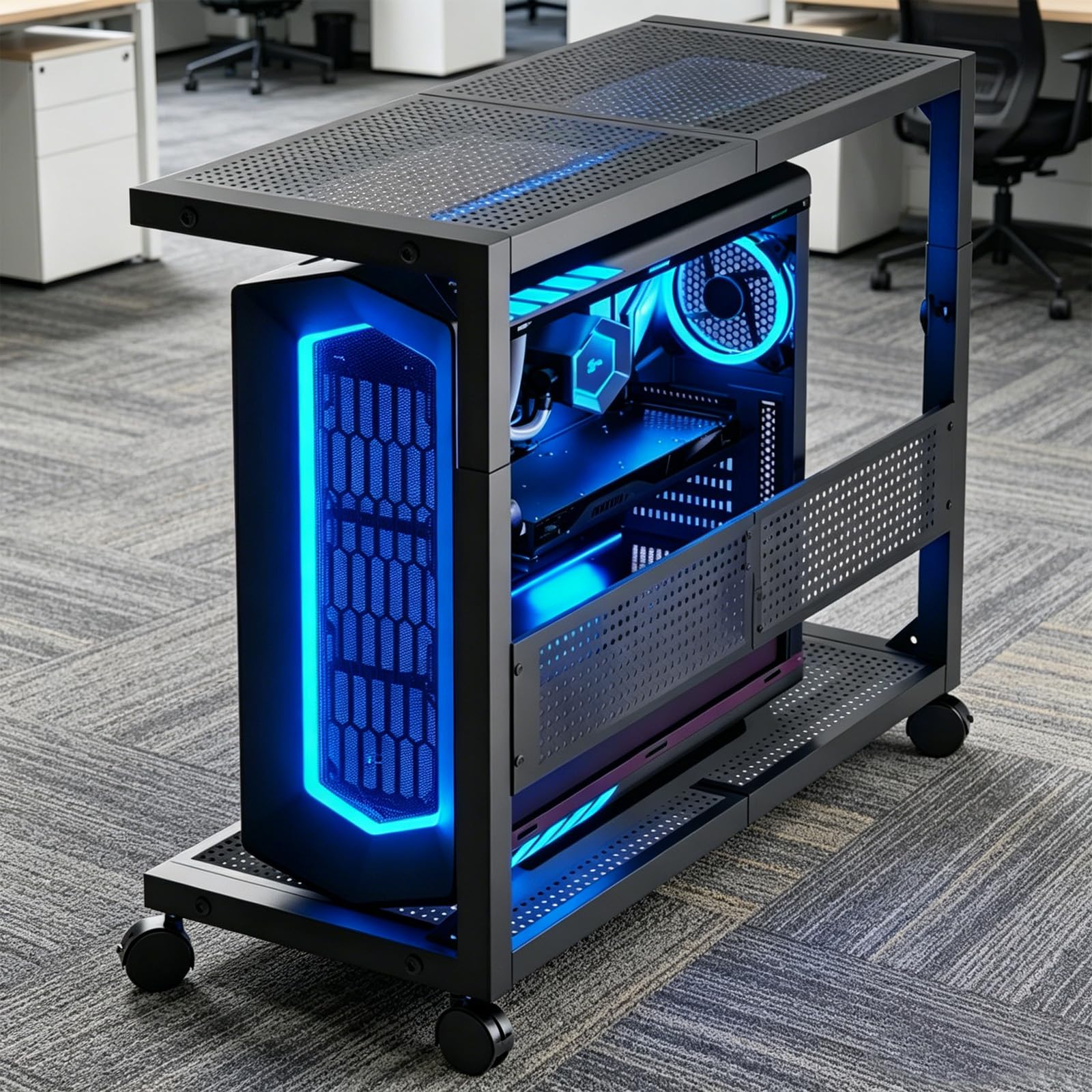 Höhenverstellbarer Computer-Tower-Ständer 2-stöckig – ATX-Gehäuse-Ständer aus Kohlenstoffstahl mit 4 Rollen, für PC-Tower, Bodendrucker & Büroorganisation