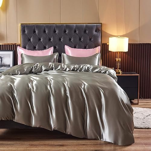 Miniatura 8 de HOdo Home Funda de edredón de satén tamaño Queen, 3 piezas, funda de edredón similar a la seda, ultra suave y transpirable, juego de ropa de cama