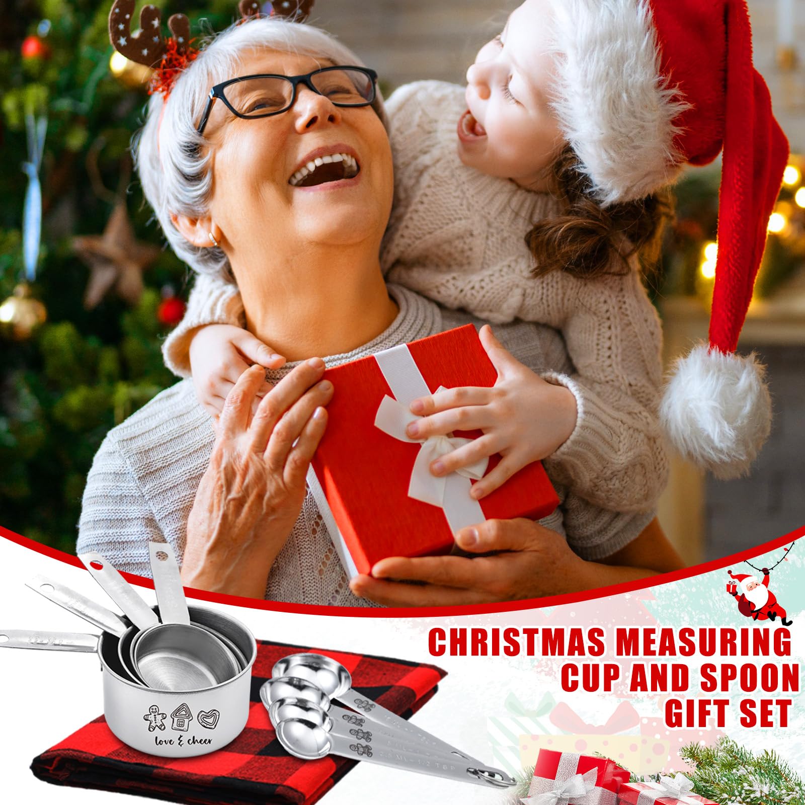 Nuogo 10-teiliges Weihnachtsmessbecher- und Löffel-Set, Weihnachtsgeschenkbox, enthält 4 Edelstahl-Messbecher, 4 Messlöffel und 1 rotes und schwarzes kariertes Handtuch, Weihnachtsgeschenk für Frauen