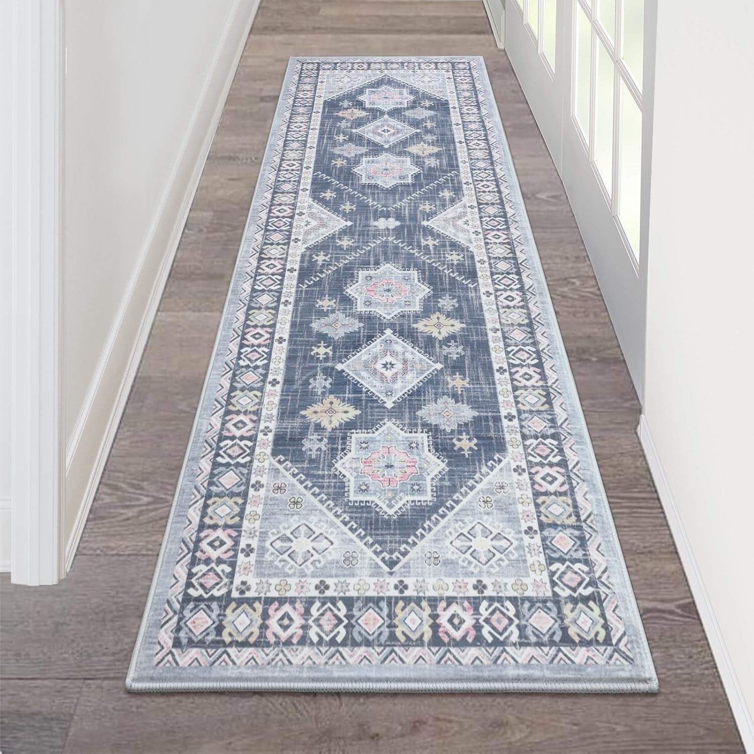 HEBE Boho Teppichläufer 6x3 M | Vintage Design | Rutschfeste Unterseite | Waschbar | Für Flur, Schlafzimmer, Bad