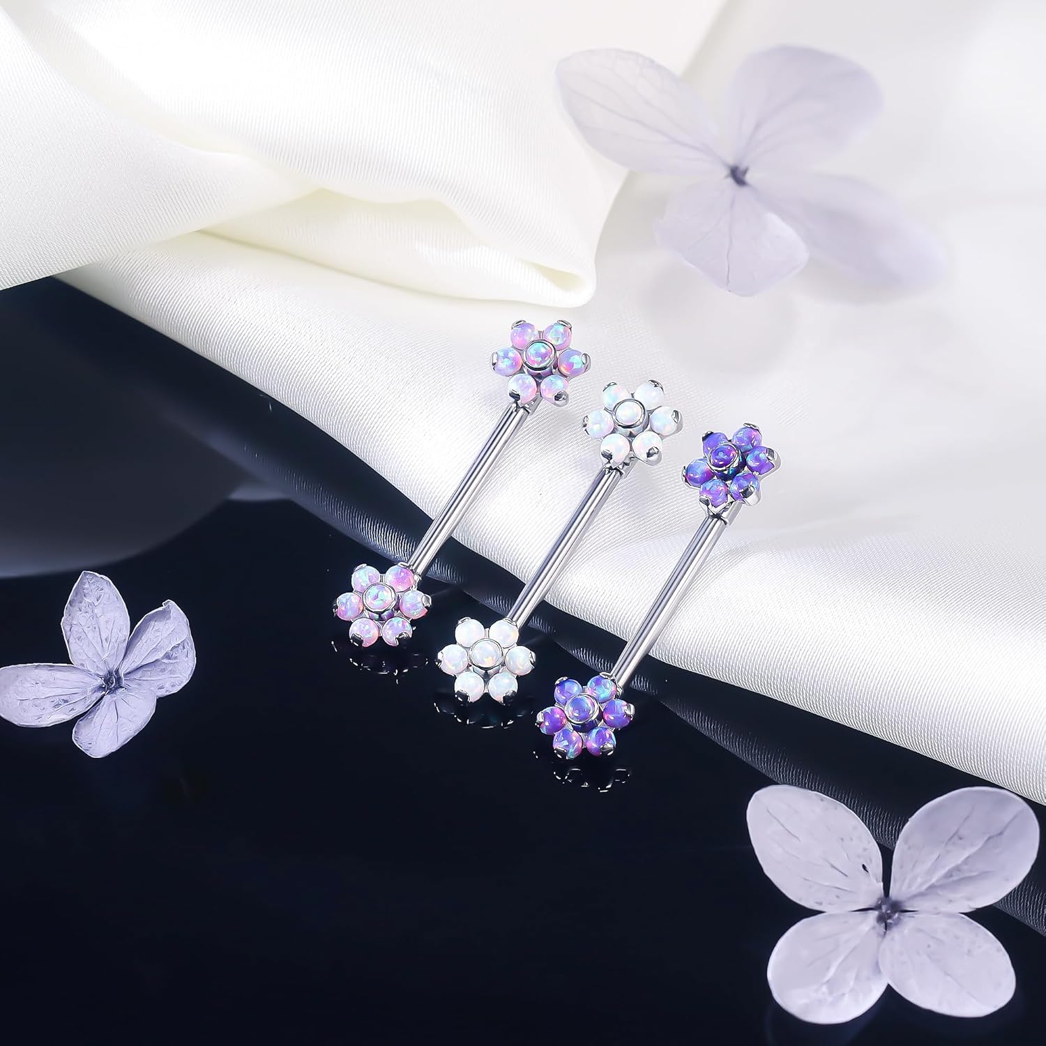 Ruifan Titanium Internally Threaded Nipple Piercing Jewelry Ring Seven CZ Opal Flower Tongue Rings Straight Barbell Body Piercing Jewelry for Women Men 14G 14MM With Straight Piercing Taper