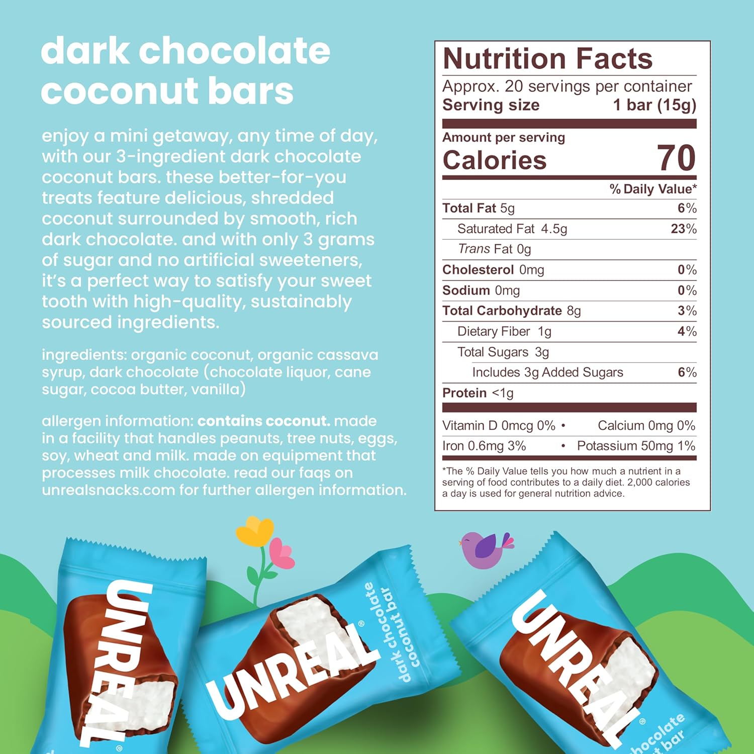 UNREAL Dark Chocolate Easter Coconut Bars | 3g Sugar, Certified Vegan, Gluten Free, Fair Trade, Non-GMO | No Sugar Alcohols or Soy | 10.6 Oz, 2 Boxes