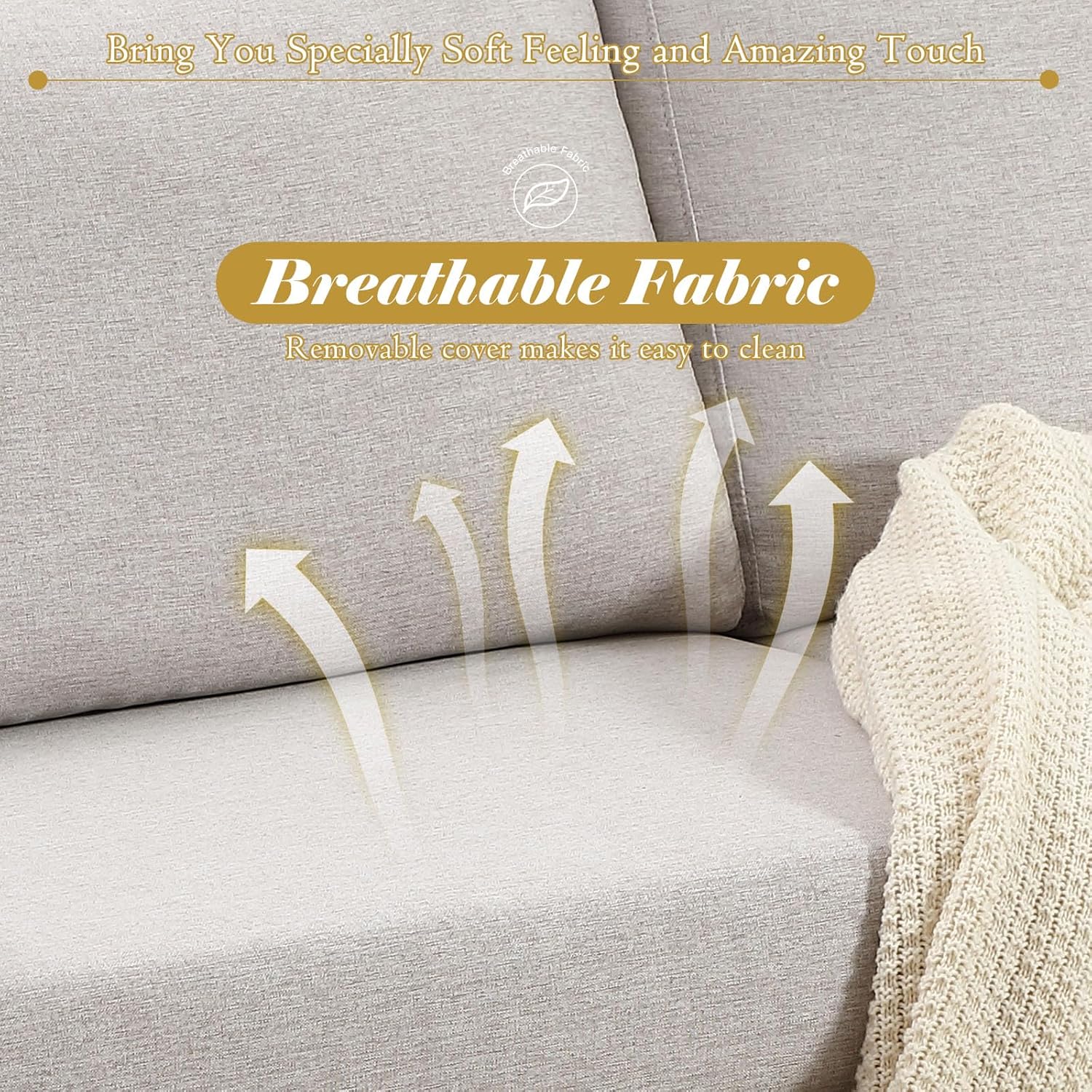 Close-up of the sofa's breathable fabric with arrows indicating airflow