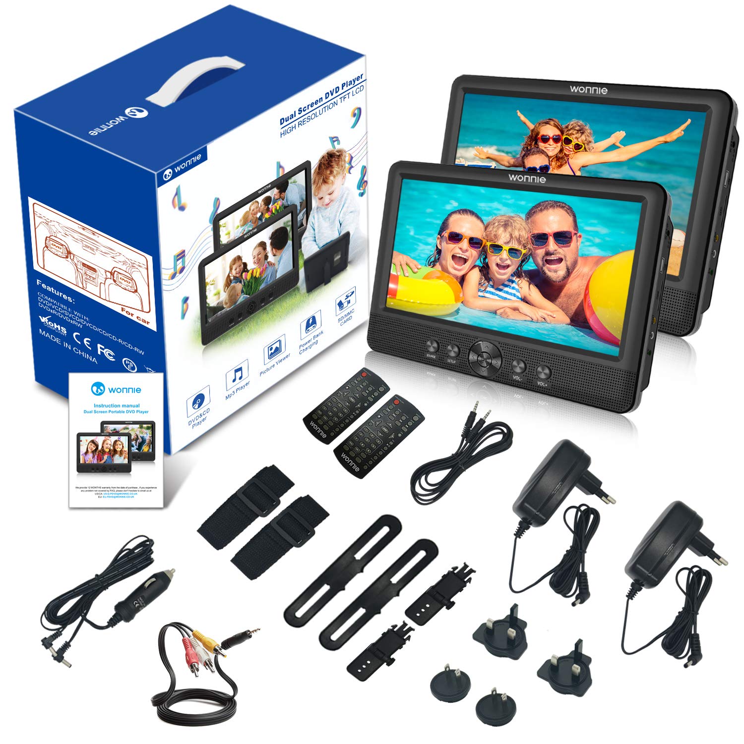 WONNIE Dual 10,5" Auto Tragbarer DVD Player 2 Monitore mit 5 Stunden Rechargble TFT Display Kopfstütze Doppelbildschirm, Unterstützung USB/SD/AV IN/Out