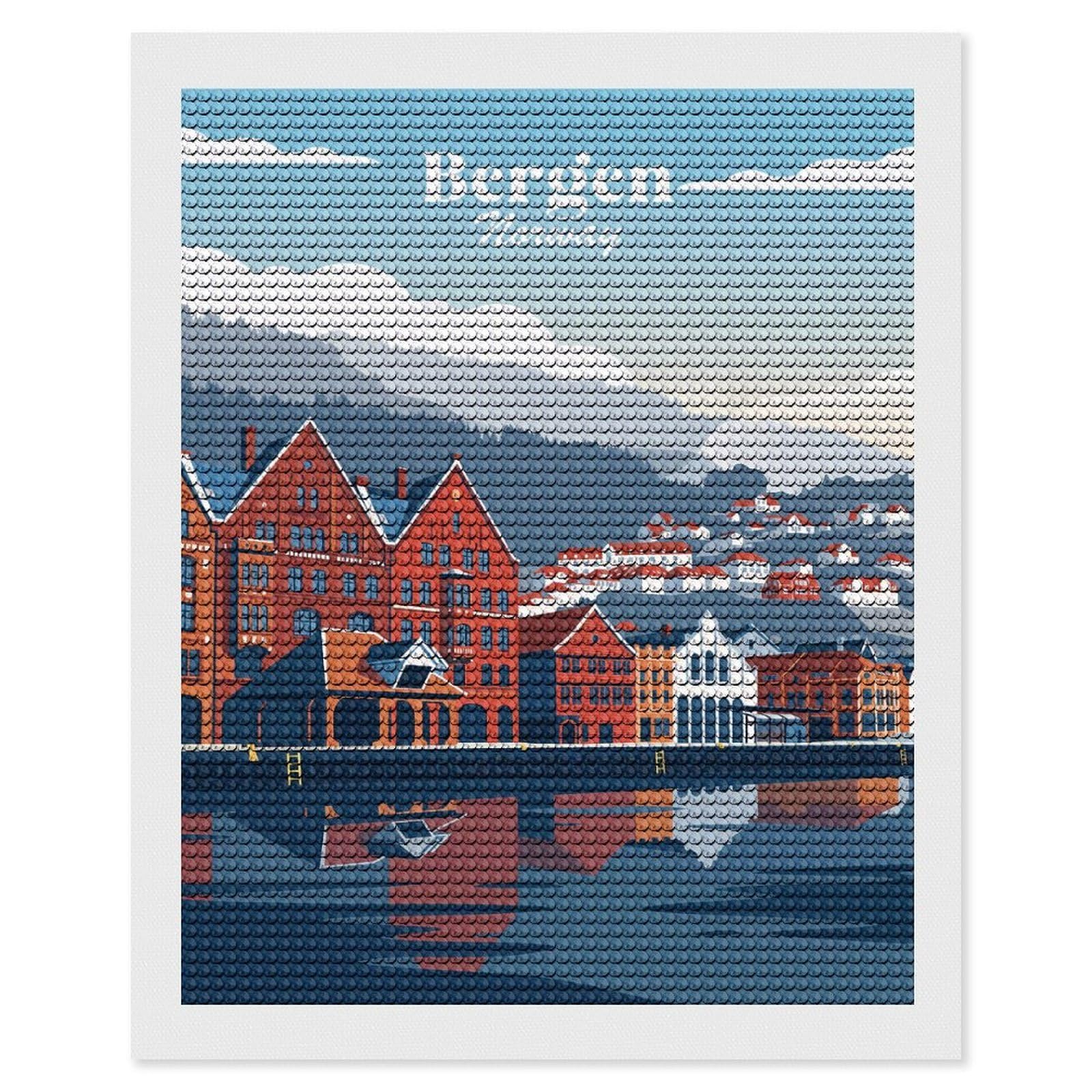 Junmoney Bergen Norway DIY Diamond Art Canvas Kit 16"x20", for Teens, Aesthetic Room Decor, Farmhouse Decor, Canvas Picture, Birthday Gift