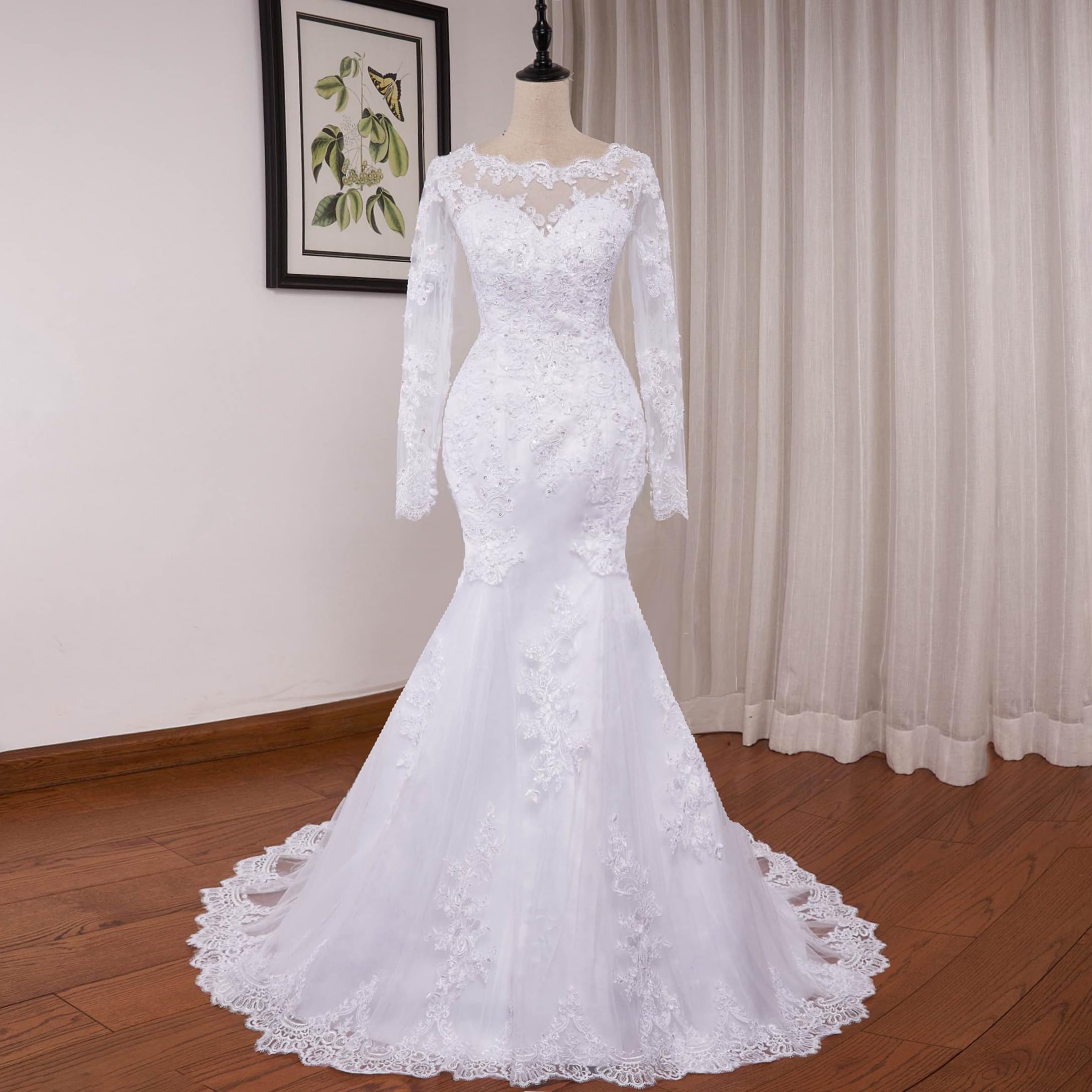 Abito da Sposa Sirena Perline Pizzo Scollo Rotondo Manica Lunga Grand Vestito da Sposa Lungo Treno Me-0325