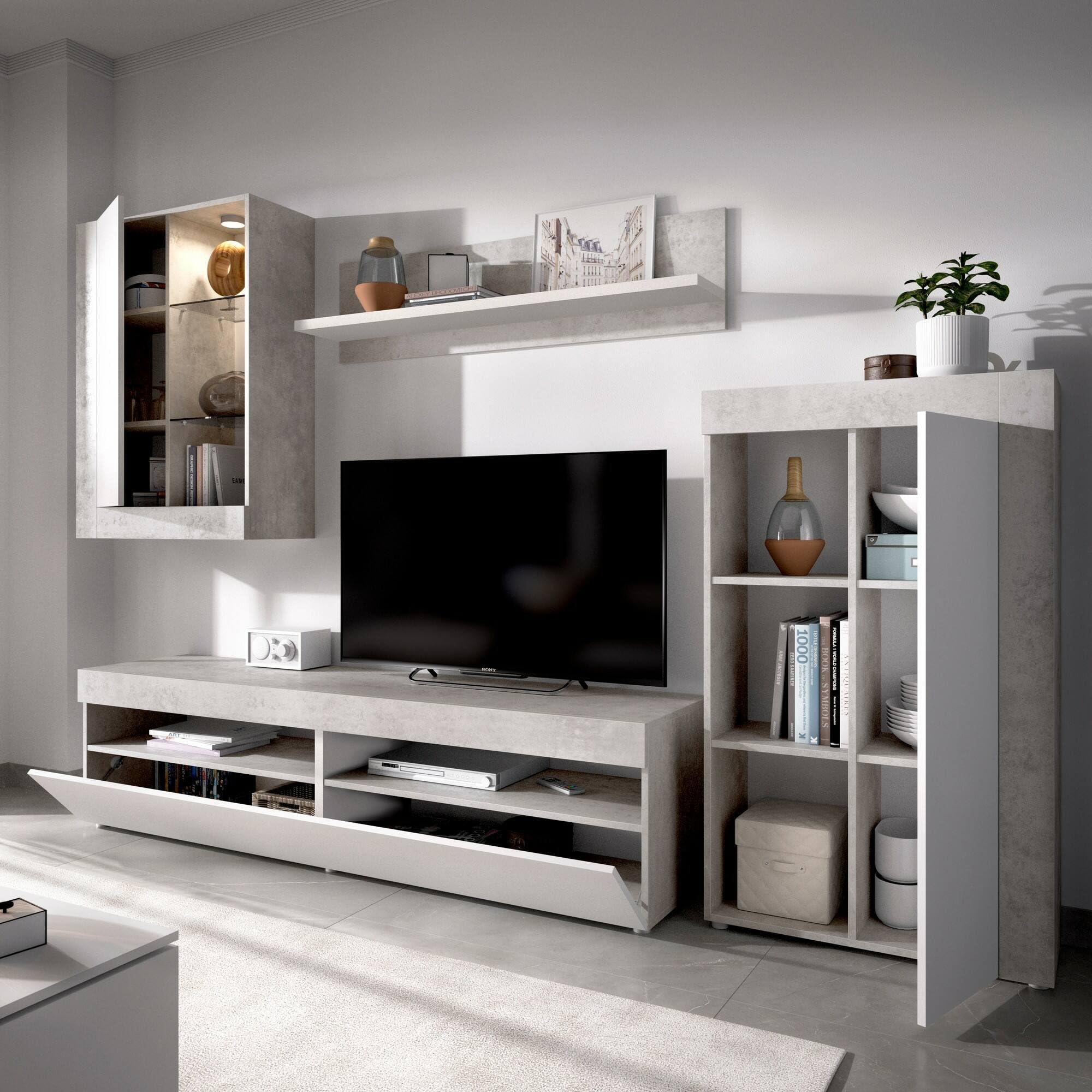 Dmora Beverin - Parete Attrezzata Componibile Per Salotto, Bianco E Cemento, 265x180cm - Foto 8