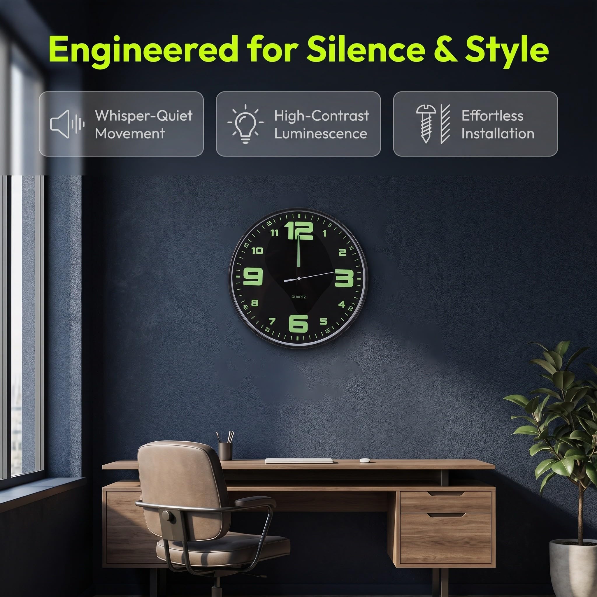 INOOMP Orologio luminoso che si illumina al buio, 11,6 pollici, con cornice nera, al quarzo, silenzioso, a batteria, ideale per camera da letto, cucina e bagno.