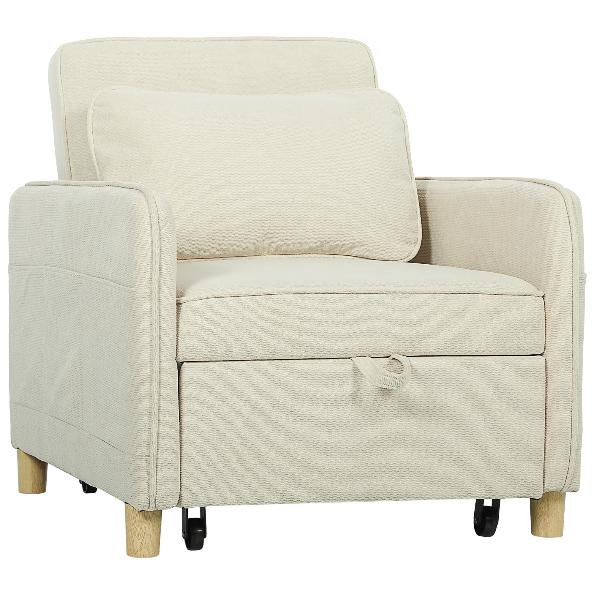 HOMCOM Sofá Cama de 1 Plaza 3 en 1, Sofá Cama Plegable Tapizado en Terciopelo Ecológico con Respaldo Ajustable 3 Niveles, 6 Bolsillos Laterales y Almohada, para Dormitorio, Salón, 74x85,5x82 cm, Beige